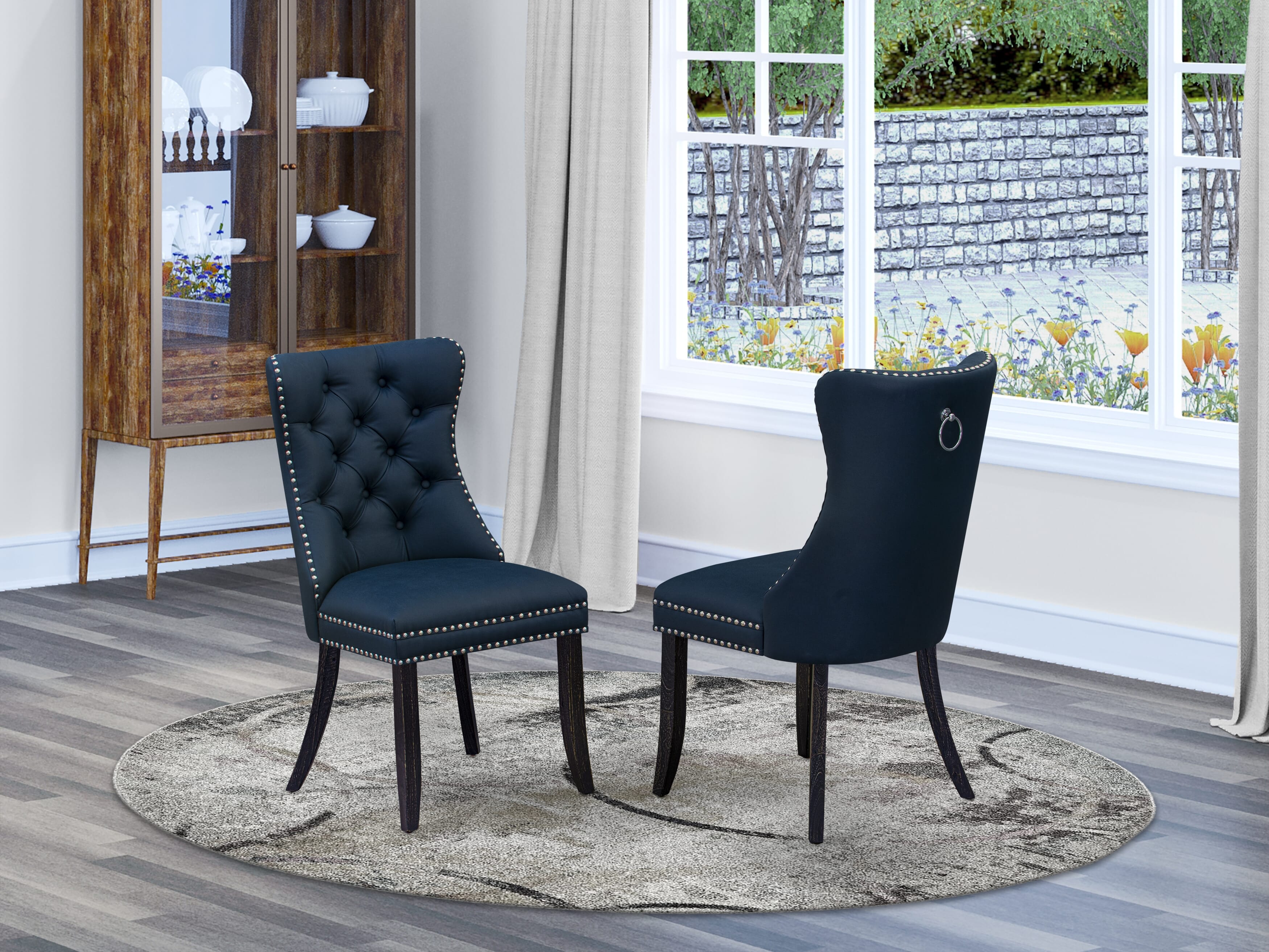 Luxe by East West Furniture F7DA5-411-29 5 Piece Dining Table Set Contains a 48" Round Table with Pedestal and 4 Navy Blue Faux Leather Upholstered Chairs, Sand Blasted Black