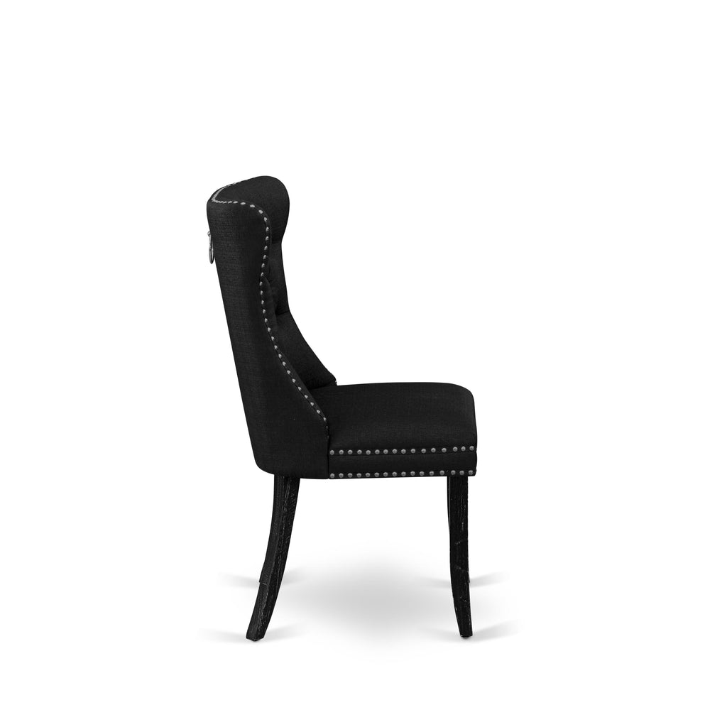East West Furniture DAPFL24 Dallas Parson Chairs - Button Tufted Nailhead Trim Black Linen Fabric Padded Dining Chairs, Set of 2, Sand Blasted Black