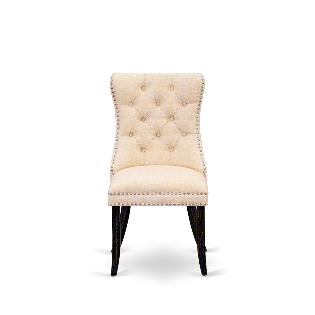 Luxe by East West Furniture I5DA5-411-32 5-pc dinner table set contains a wood table and 4 Light Beige Linen Fabric kitchen chairs with Button Tufted Back - Sand Blasted Black