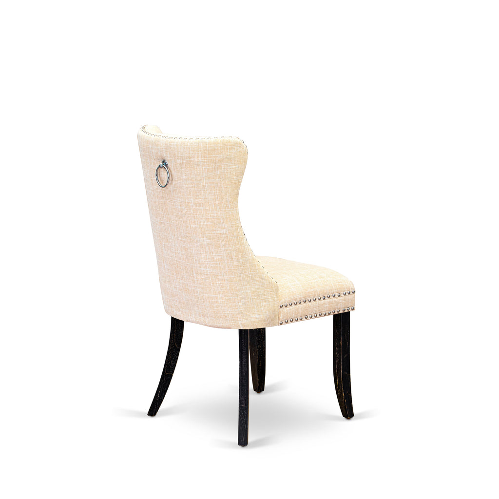 Luxe by East West Furniture F8DA7-411-32 7-piece Dining Set consists of a wood table and 6 Light Beige Linen Fabric Kitchen chair with Button Tufted Back - Sand Blasted Black