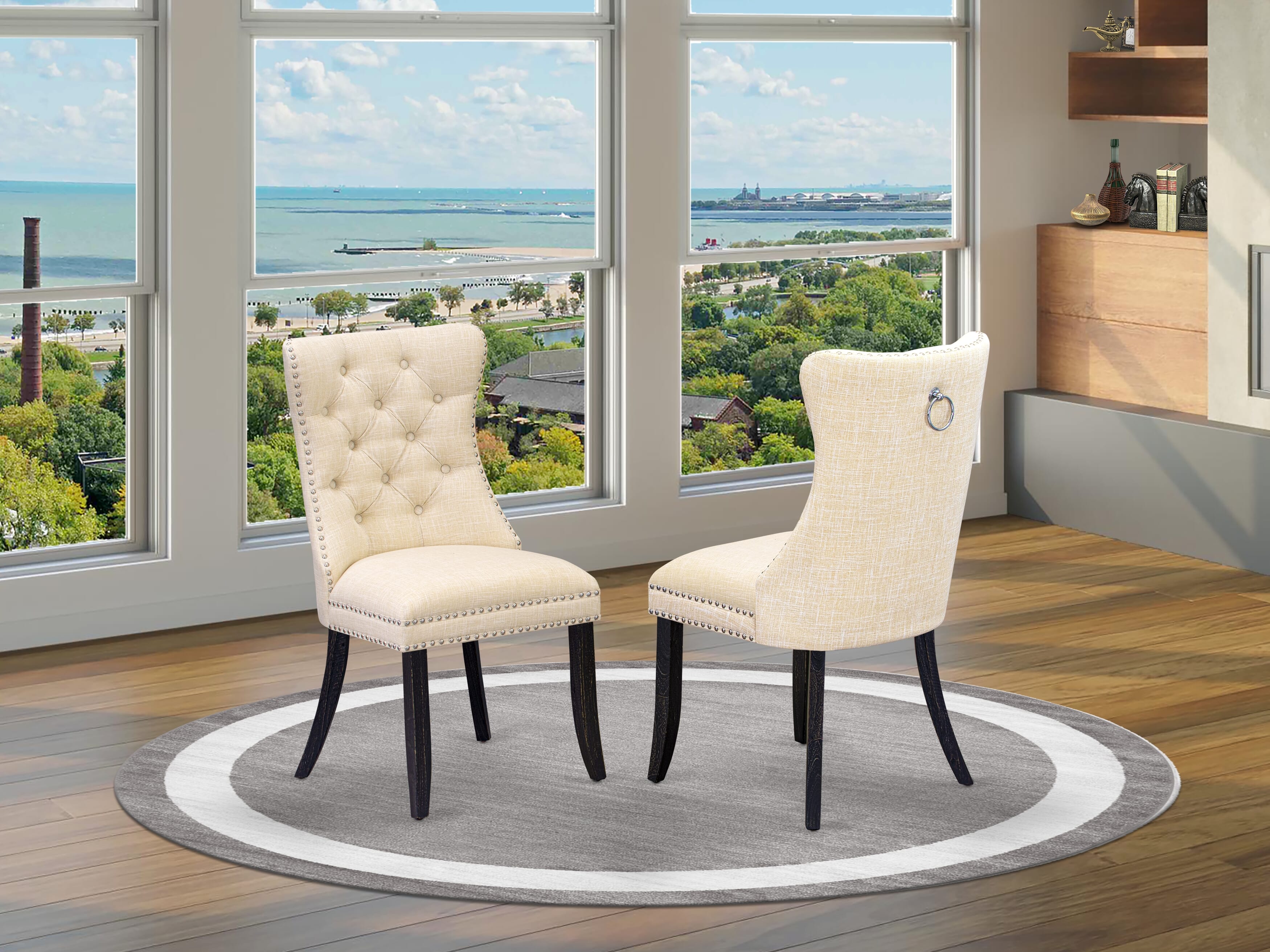 Luxe by East West Furniture F7DA7-411-32 7-piece Dining Set contains a kitchen table and 6 Light Beige Linen Fabric dinning chairs with Button Tufted Back - Sand Blasted Black
