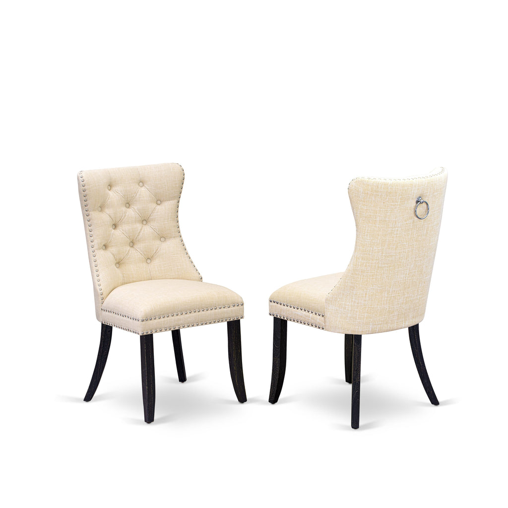 Luxe by East West Furniture F8DA5-411-32 5-pc Dining Table Set included a dinning table and 4 Light Beige Linen Fabric dining chair with Button Tufted Back -Sand Blasted Black
