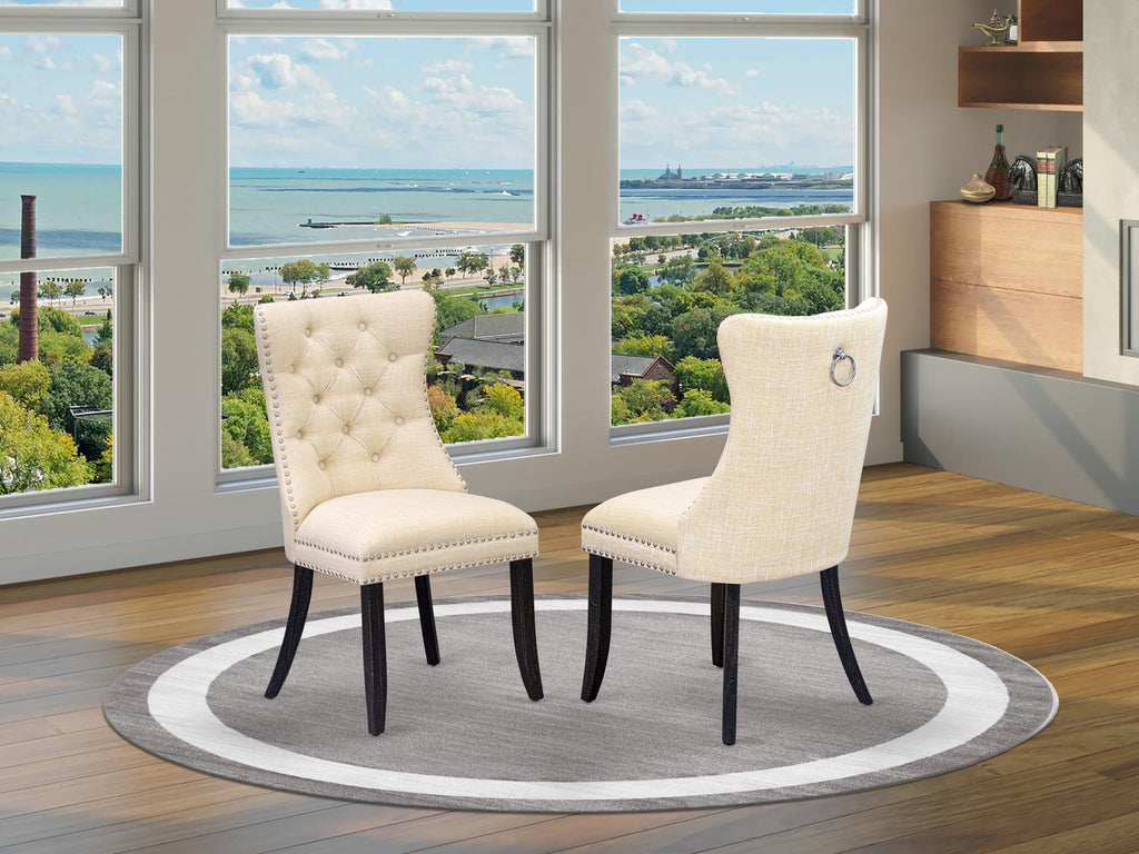 Luxe by East West Furniture I5DA5-411-32 5-pc dinner table set contains a wood table and 4 Light Beige Linen Fabric kitchen chairs with Button Tufted Back - Sand Blasted Black