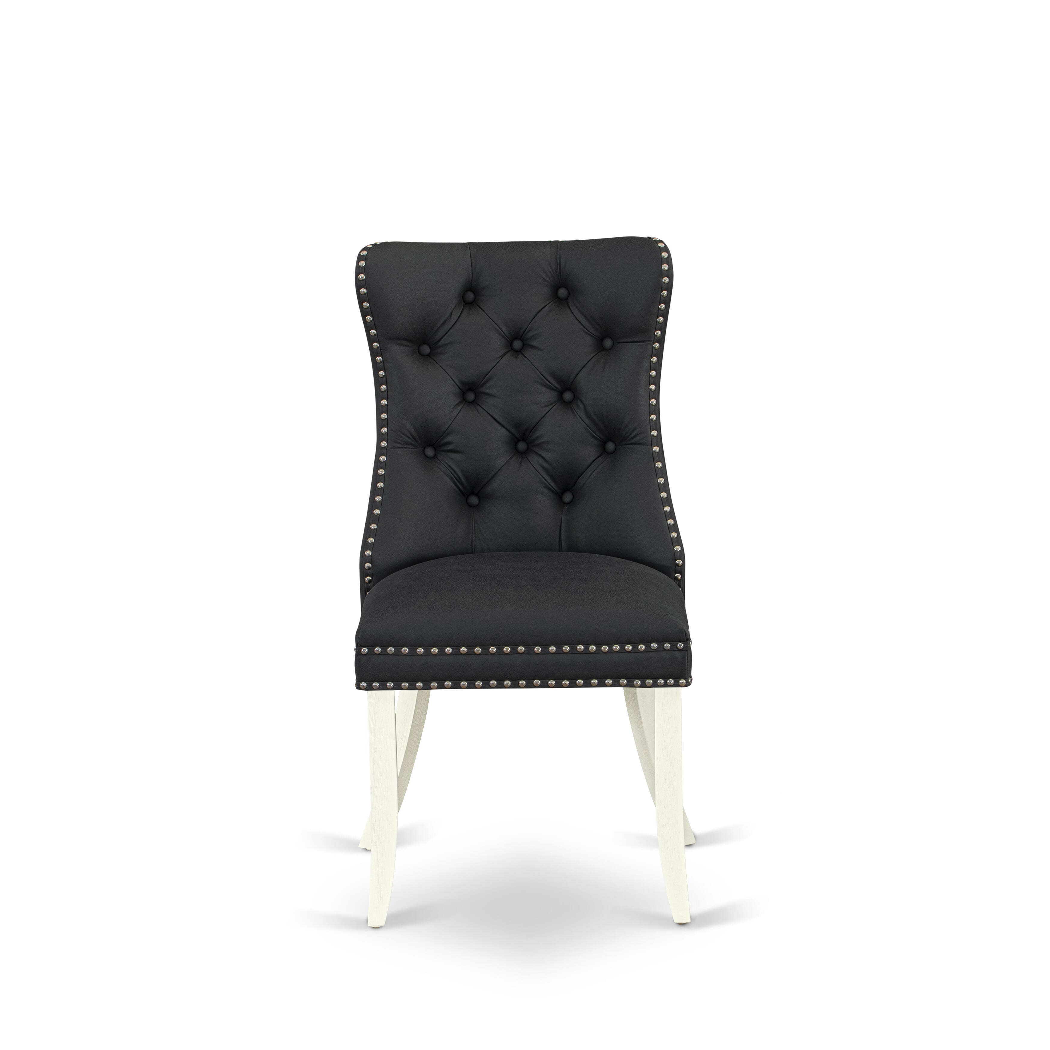 East West Furniture DAPHF12 Dallas Parson Dining Room Chairs - Button Tufted Nailhead Trim Dark Gray faux Leather Padded Chairs, Set of 2, Wirebrushed Bright Linen white
