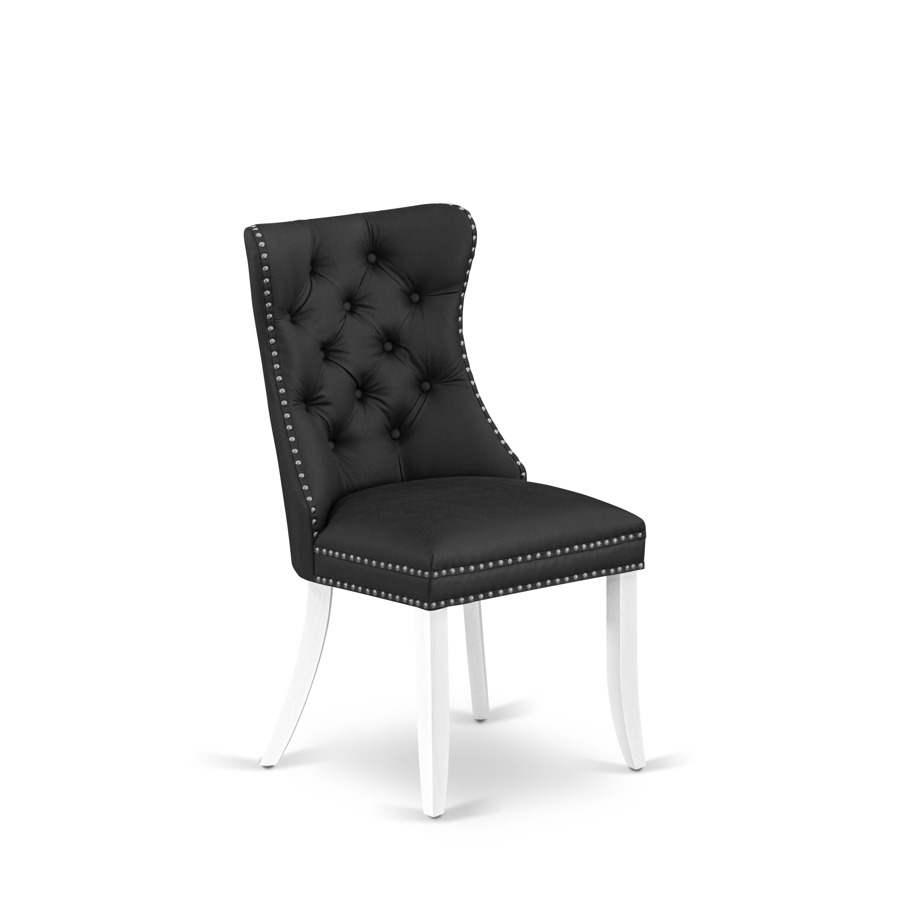 East West Furniture DAPHF12 Dallas Parson Dining Room Chairs - Button Tufted Nailhead Trim Dark Gray faux Leather Padded Chairs, Set of 2, Wirebrushed Bright Linen white