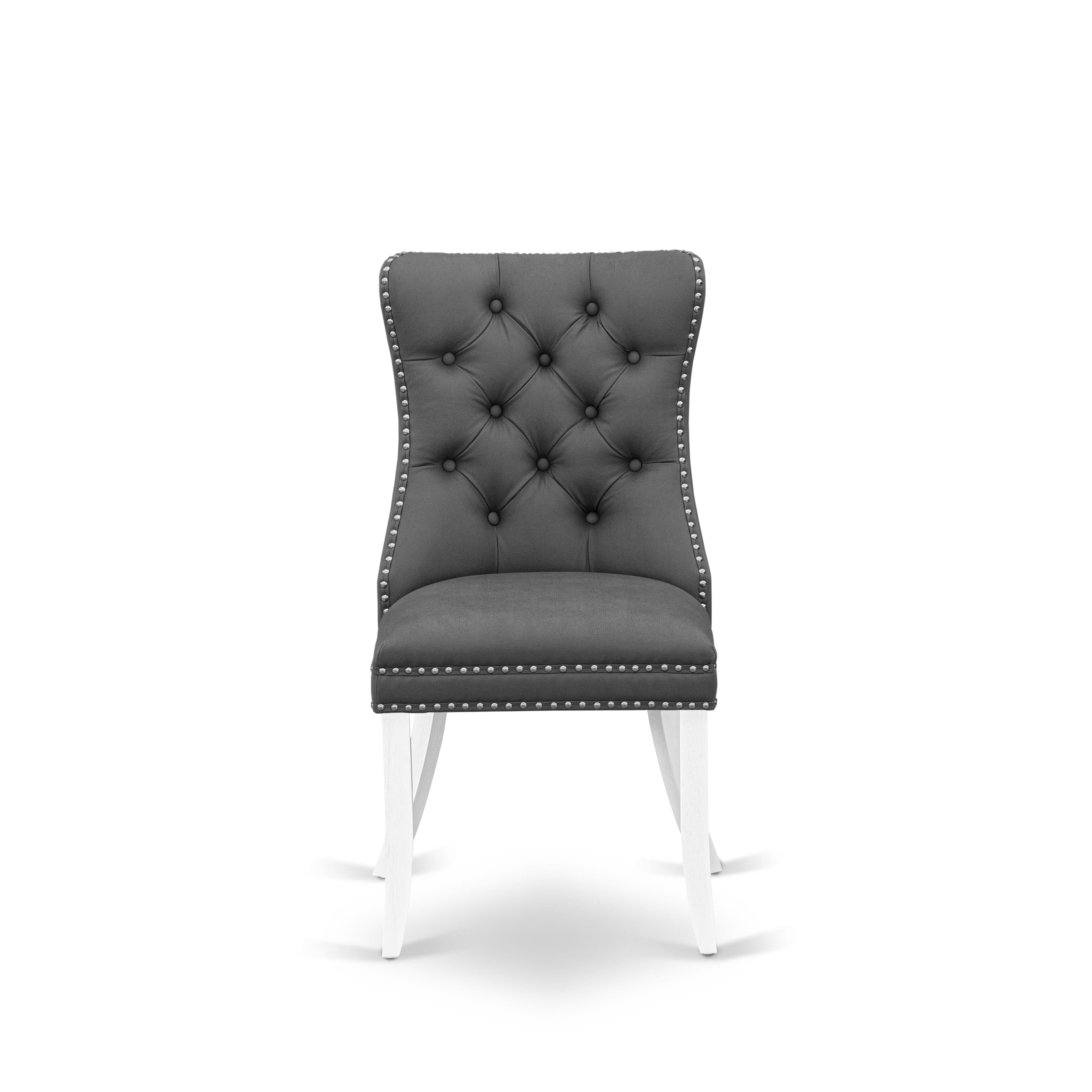 East West Furniture DAPHF13 Dallas Parson Dining Chairs - Button Tufted Nailhead Trim Platinum Gray faux Leather Upholstered Chairs, Set of 2, Wirebrushed Bright Linen white