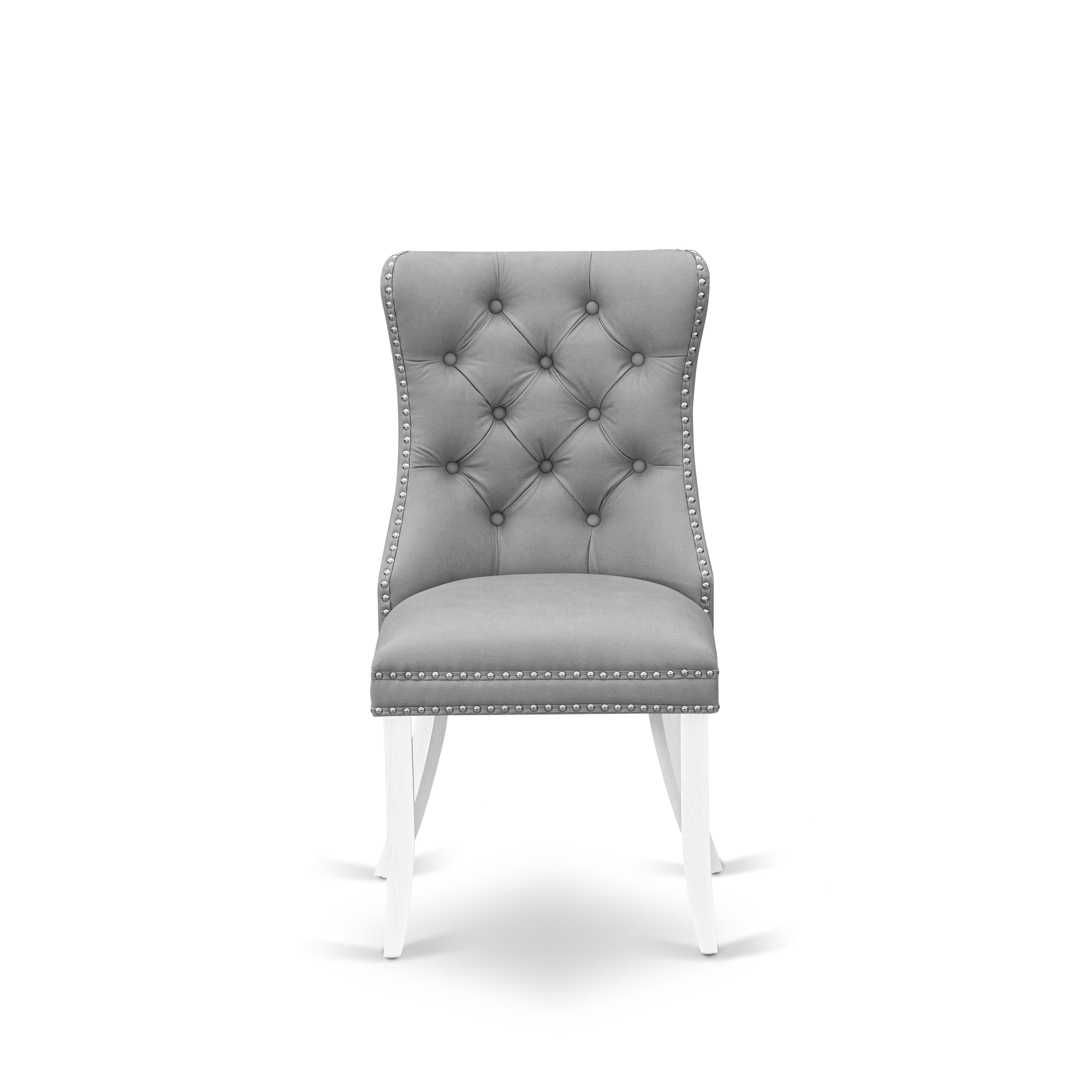 East West Furniture DAPHF22 Dallas Parson Dining Room Chairs - Button Tufted Nailhead Trim Willow Green faux Leather Padded Chairs, Set of 2, Wirebrushed Bright Linen white
