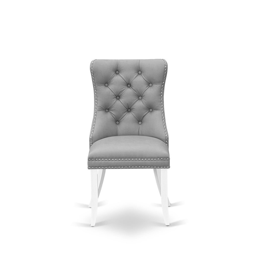 East West Furniture DAPHF22 Dallas Parson Dining Room Chairs - Button Tufted Nailhead Trim Willow Green faux Leather Padded Chairs, Set of 2, Wirebrushed Bright Linen white