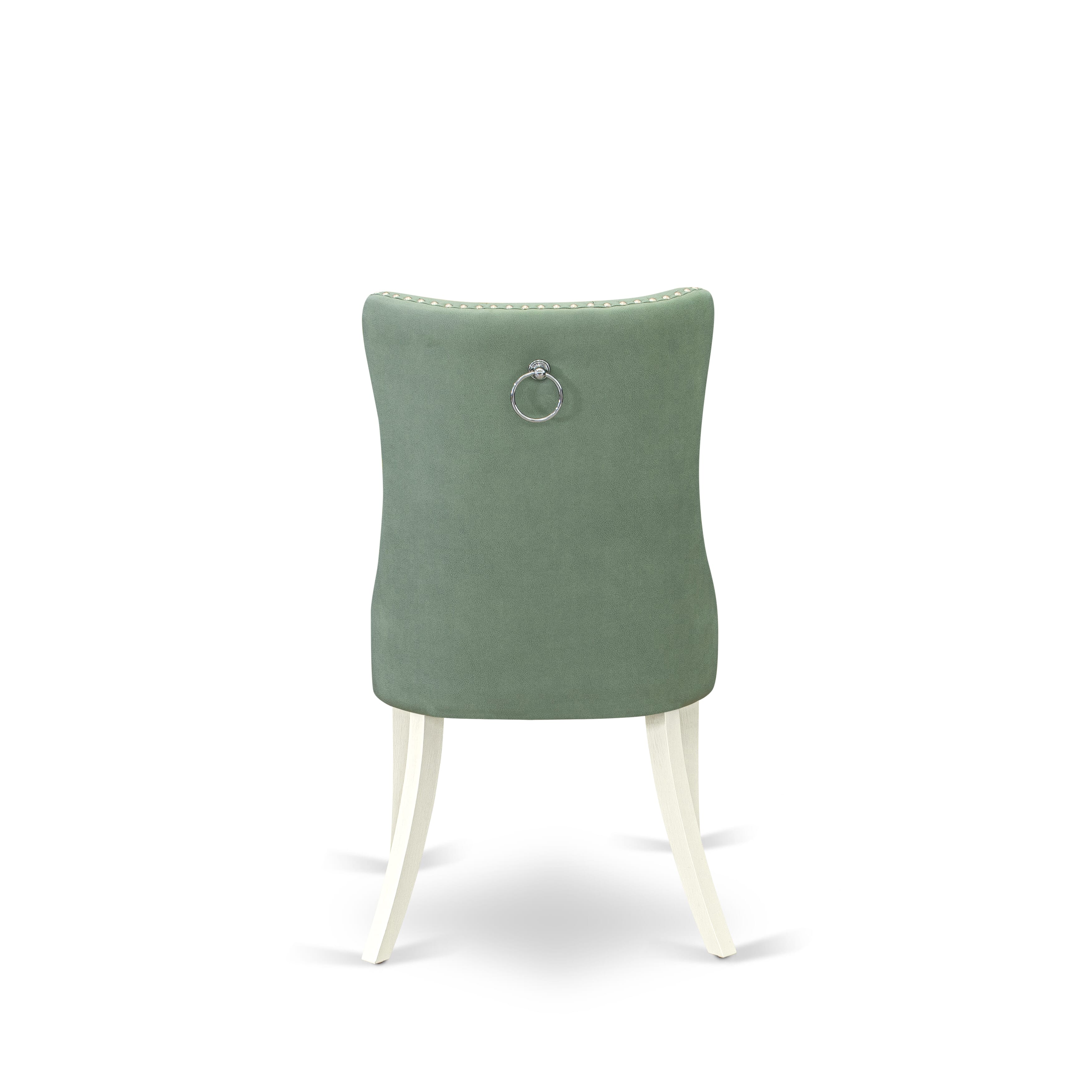 East West Furniture DAPHF22 Dallas Parson Dining Room Chairs - Button Tufted Nailhead Trim Willow Green faux Leather Padded Chairs, Set of 2, Wirebrushed Bright Linen white