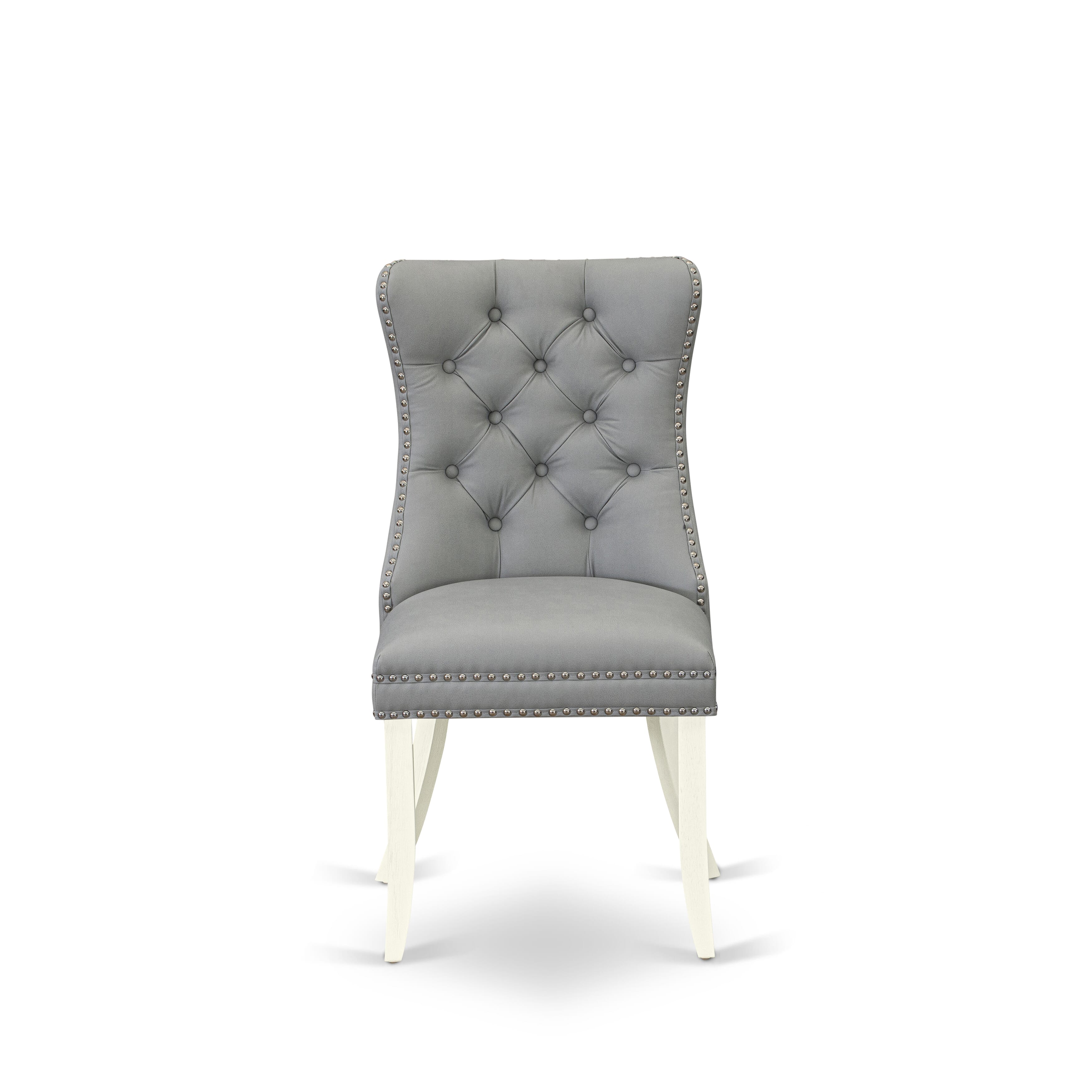 East West Furniture DAPHF27 Dallas Parson Dining Room Chairs - Button Tufted Nailhead Trim Light Gray faux Leather Upholstered Chairs, Set of 2, Wirebrushed Bright Linen white