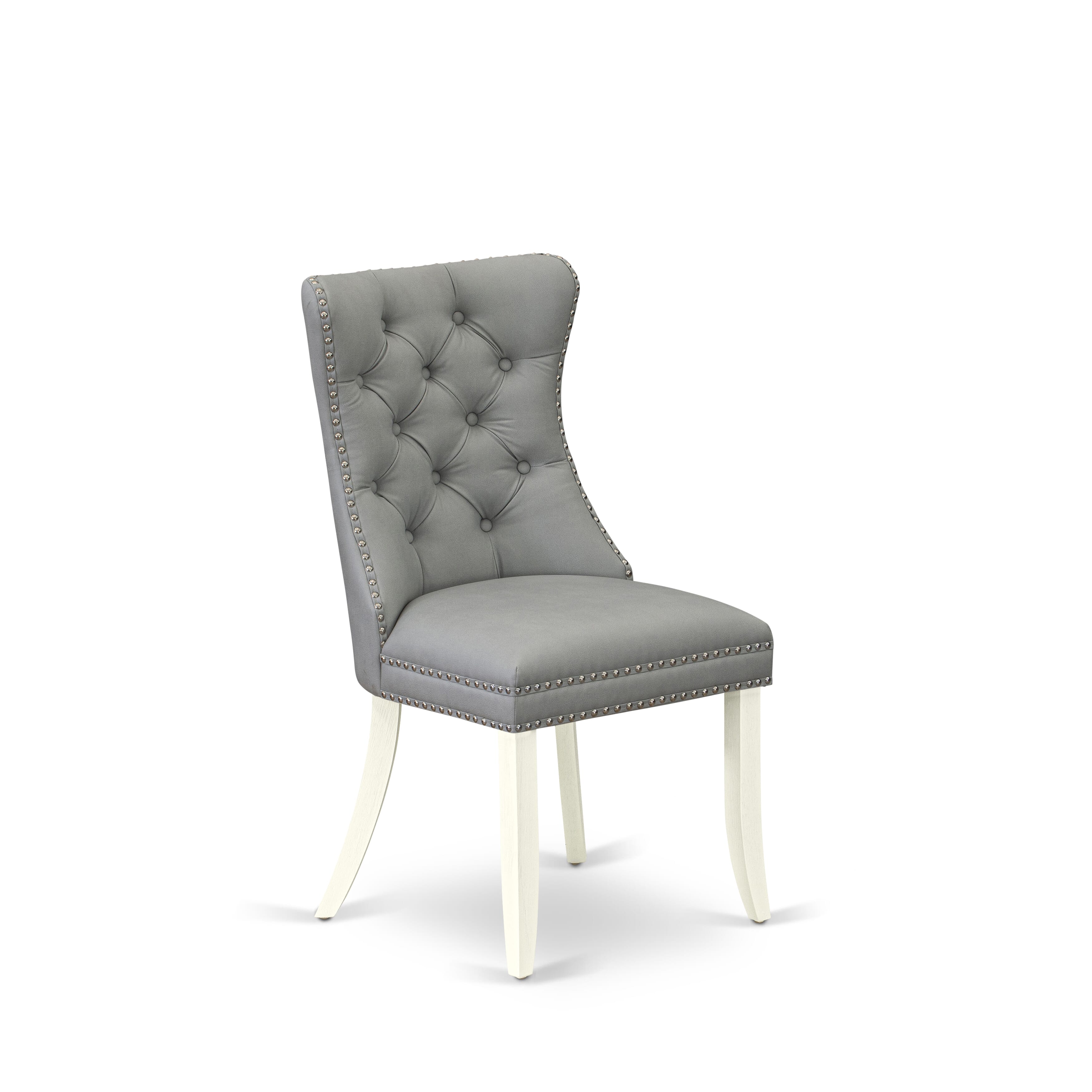 East West Furniture DAPHF27 Dallas Parson Dining Room Chairs - Button Tufted Nailhead Trim Light Gray faux Leather Upholstered Chairs, Set of 2, Wirebrushed Bright Linen white