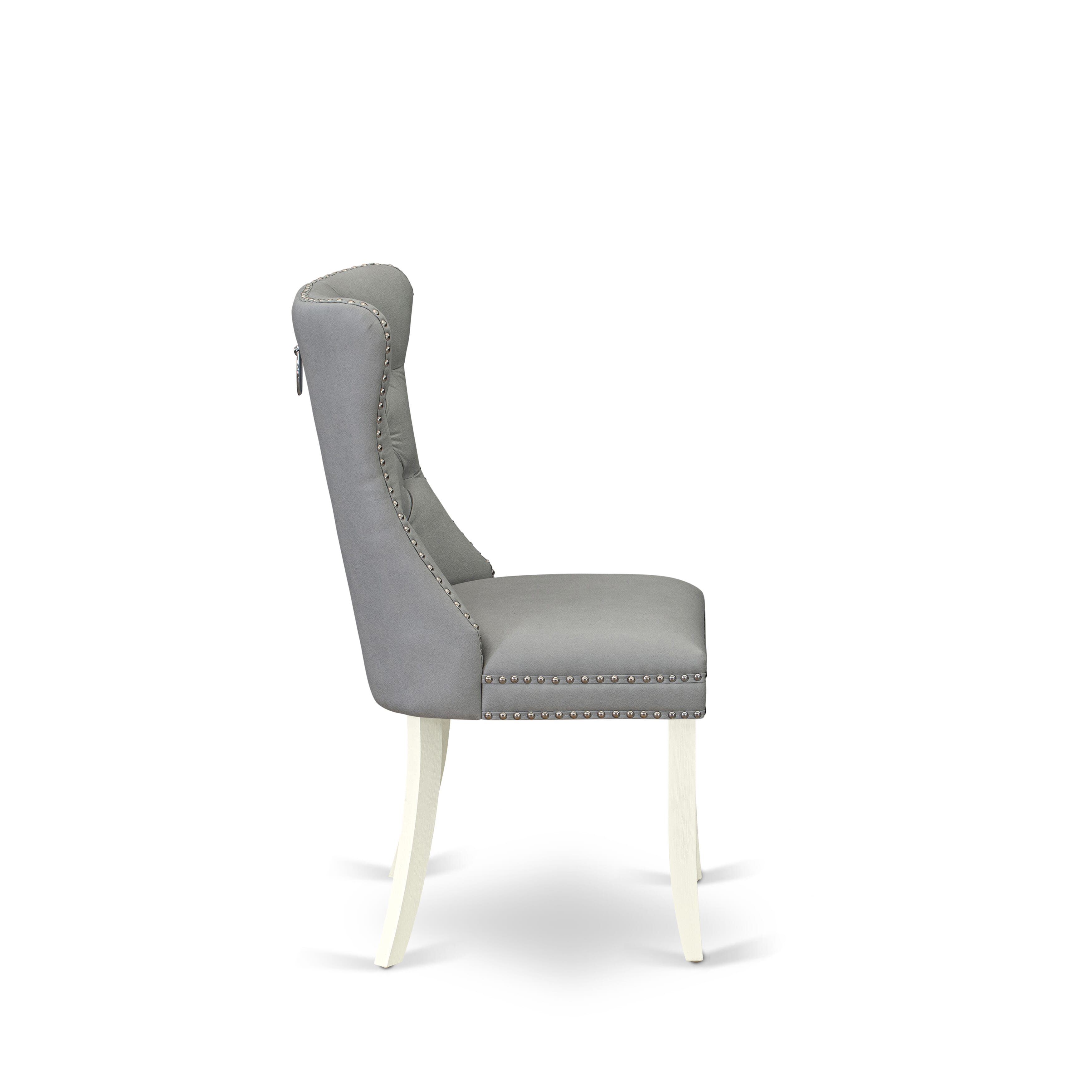 East West Furniture DAPHF27 Dallas Parson Dining Room Chairs - Button Tufted Nailhead Trim Light Gray faux Leather Upholstered Chairs, Set of 2, Wirebrushed Bright Linen white
