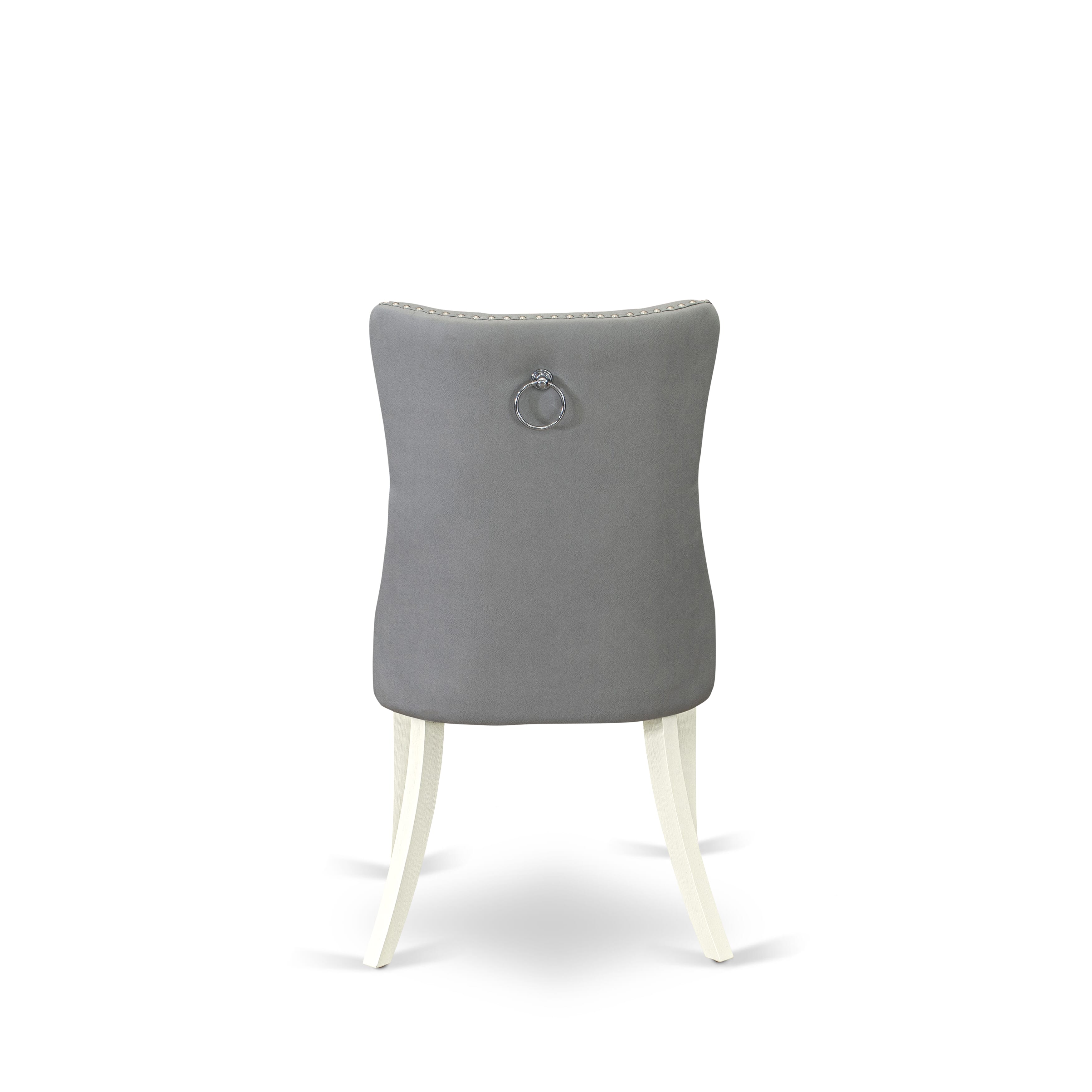 East West Furniture DAPHF27 Dallas Parson Dining Room Chairs - Button Tufted Nailhead Trim Light Gray faux Leather Upholstered Chairs, Set of 2, Wirebrushed Bright Linen white