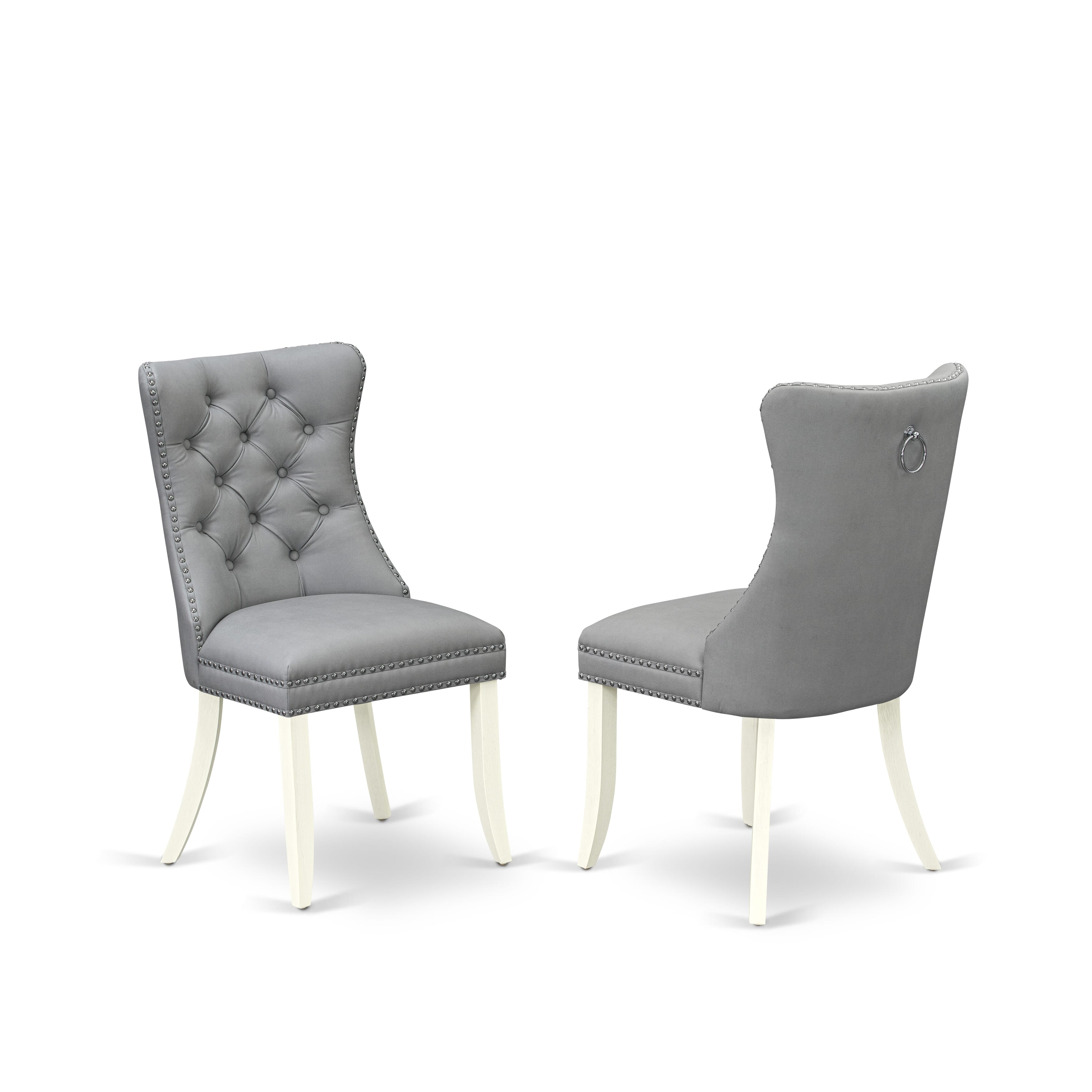 East West Furniture DAPHF27 Dallas Parson Dining Room Chairs - Button Tufted Nailhead Trim Light Gray faux Leather Upholstered Chairs, Set of 2, Wirebrushed Bright Linen white
