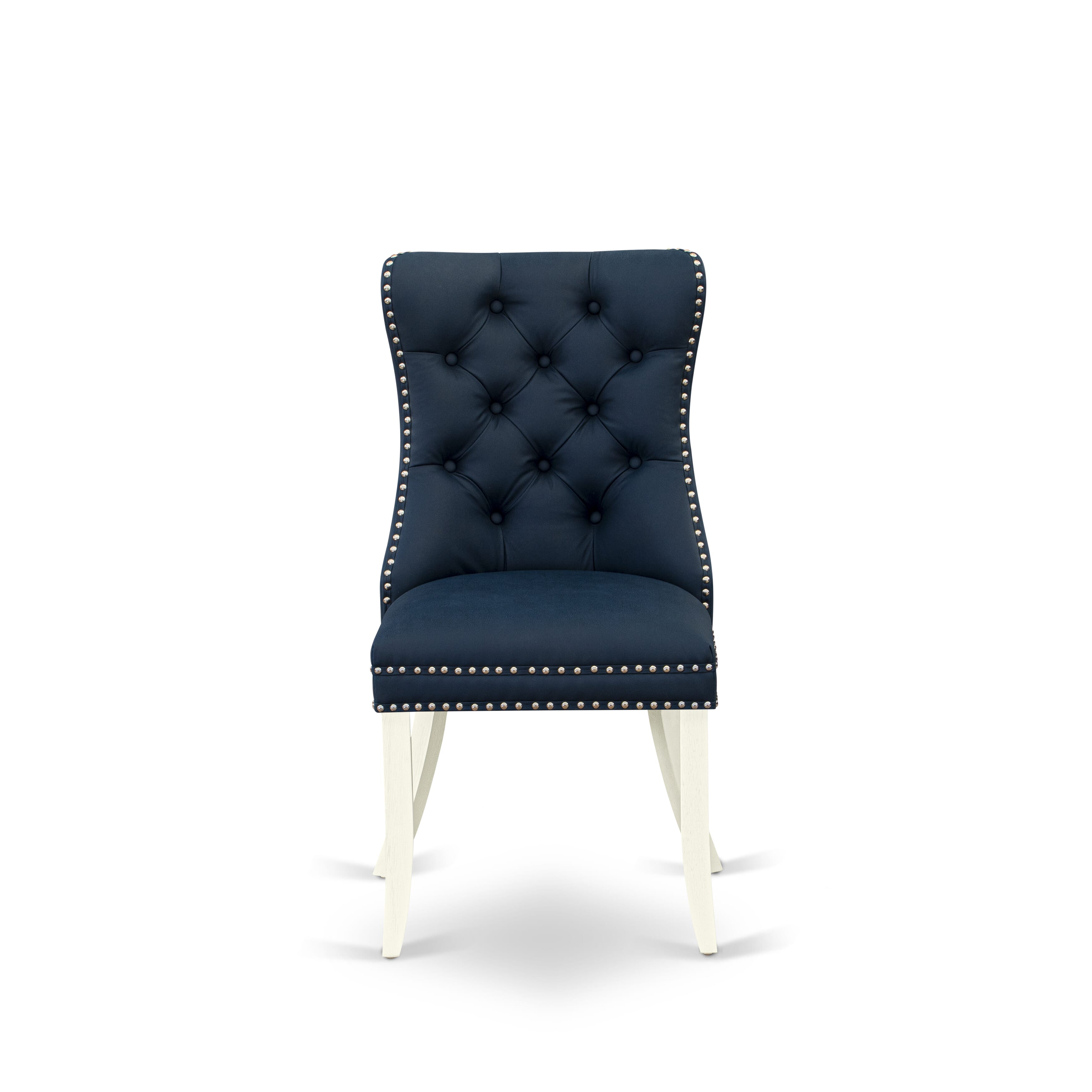 East West Furniture DAPHF29 Dallas Parson Dining Room Chairs - Button Tufted Nailhead Trim Navy Blue faux Leather Padded Chairs, Set of 2, Wirebrushed Bright Linen white