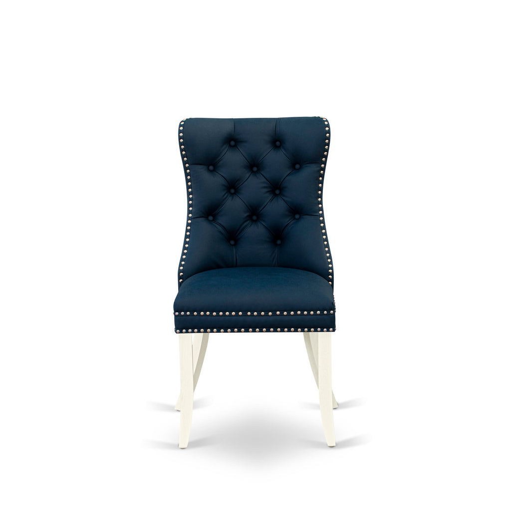 East West Furniture DAPHF29 Dallas Parson Dining Room Chairs - Button Tufted Nailhead Trim Navy Blue faux Leather Padded Chairs, Set of 2, Wirebrushed Bright Linen white