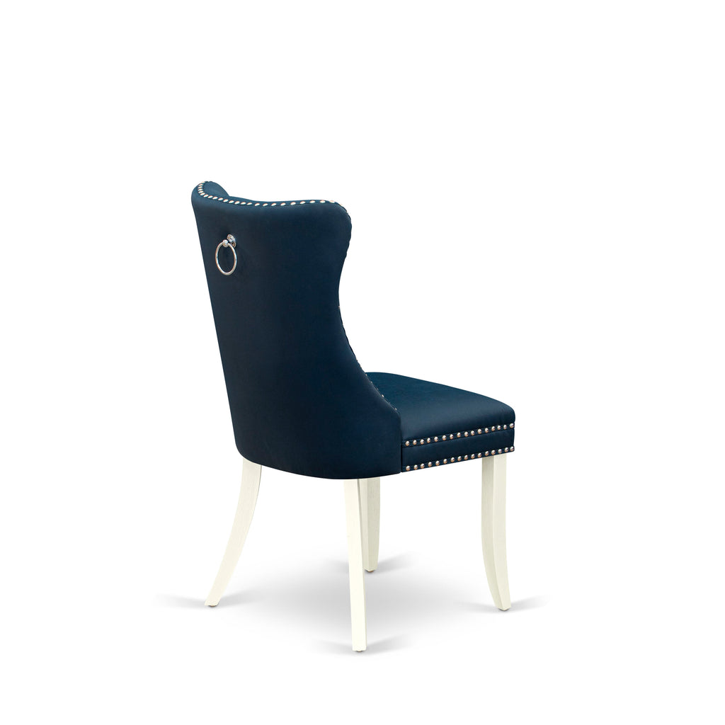 East West Furniture DAPHF29 Dallas Parson Dining Room Chairs - Button Tufted Nailhead Trim Navy Blue faux Leather Padded Chairs, Set of 2, Wirebrushed Bright Linen white