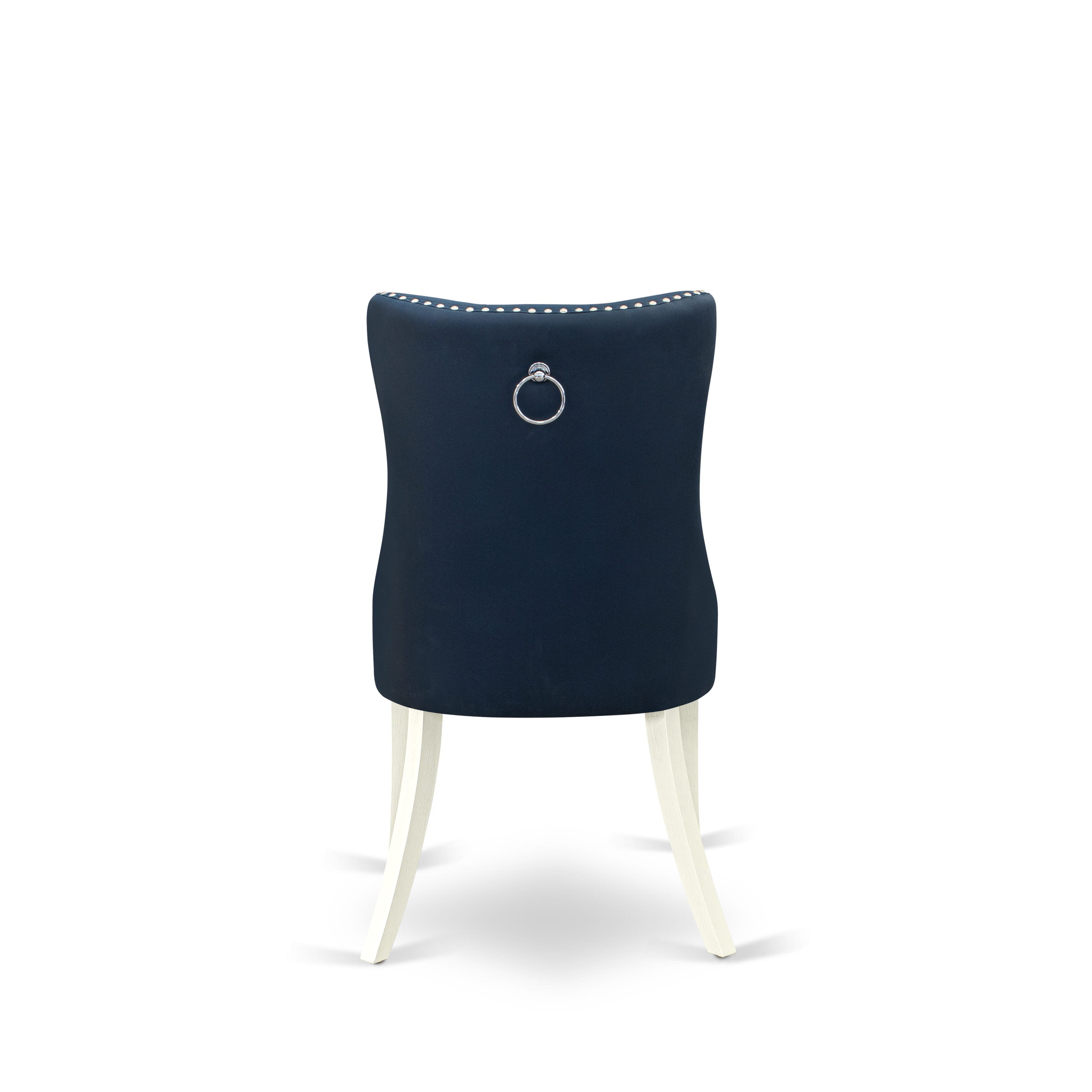 East West Furniture DAPHF29 Dallas Parson Dining Room Chairs - Button Tufted Nailhead Trim Navy Blue faux Leather Padded Chairs, Set of 2, Wirebrushed Bright Linen white