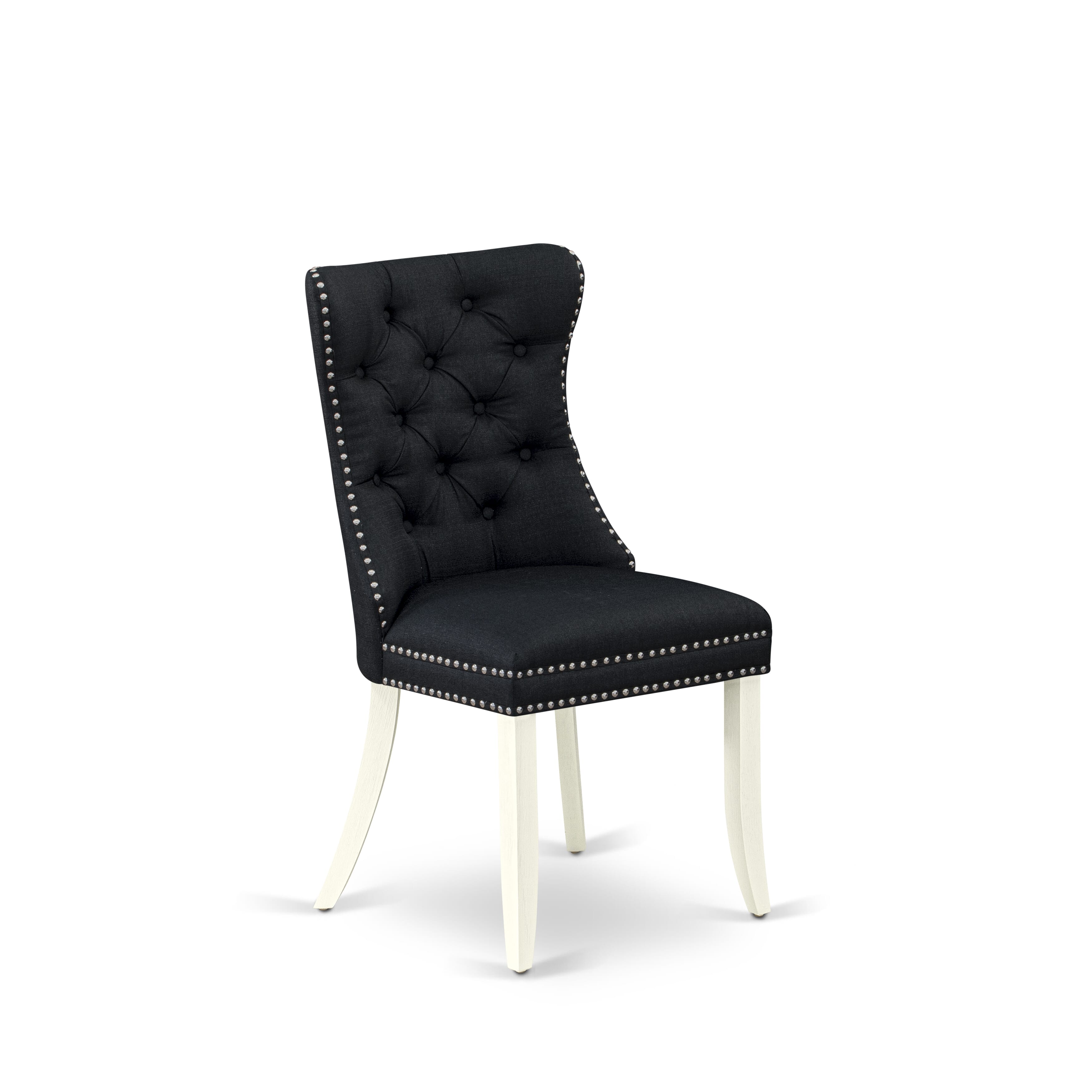 East West Furniture DAPHL24 Dallas Parson Dining Chairs - Button Tufted Nailhead Trim Black Linen Fabric Upholstered Chairs, Set of 2, Wirebrushed Bright Linen white