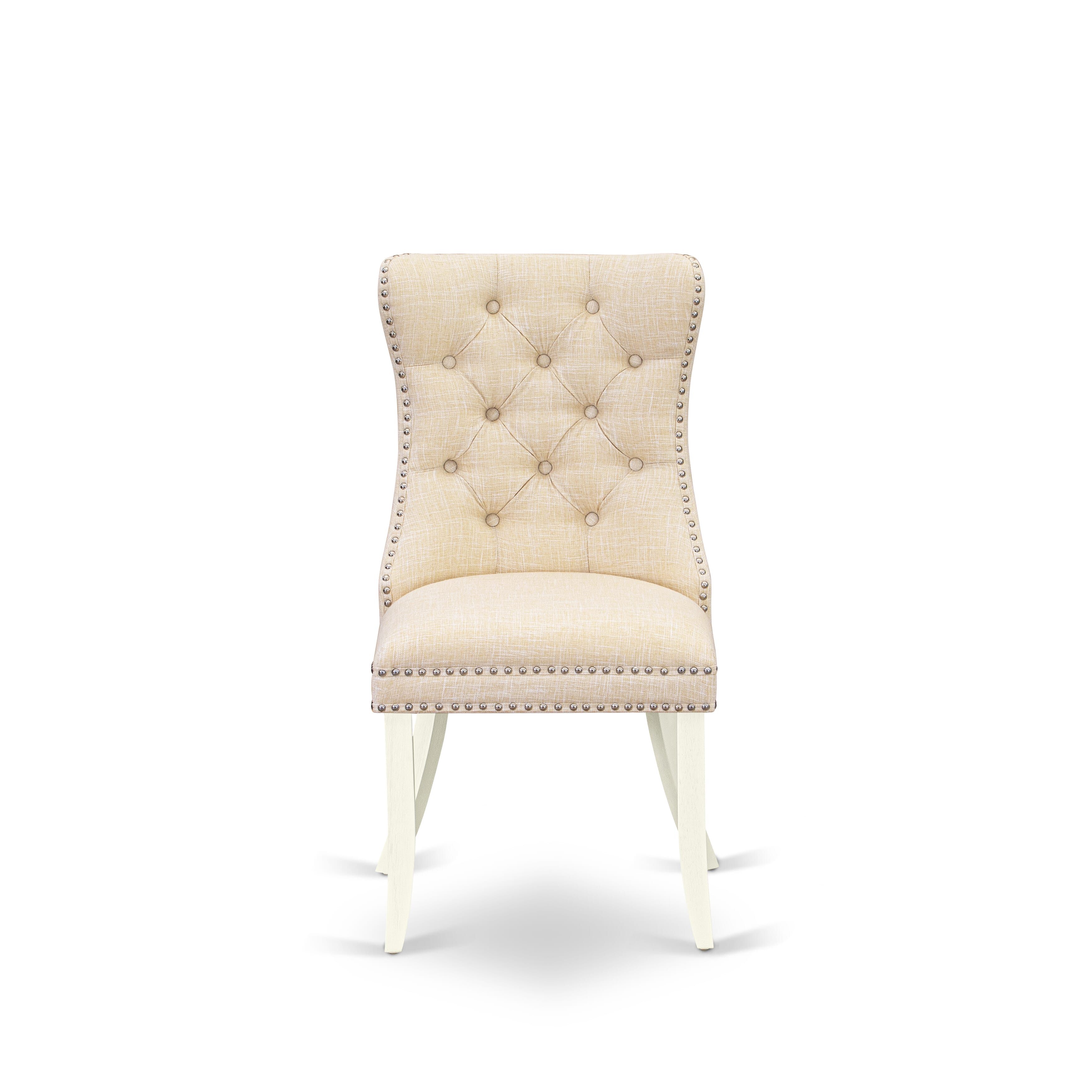 East West Furniture DAPHL32 Dallas Parson Chairs - Button Tufted Nailhead Trim Light Beige Linen Fabric Padded Dining Chairs, Set of 2, Wirebrushed Bright Linen white