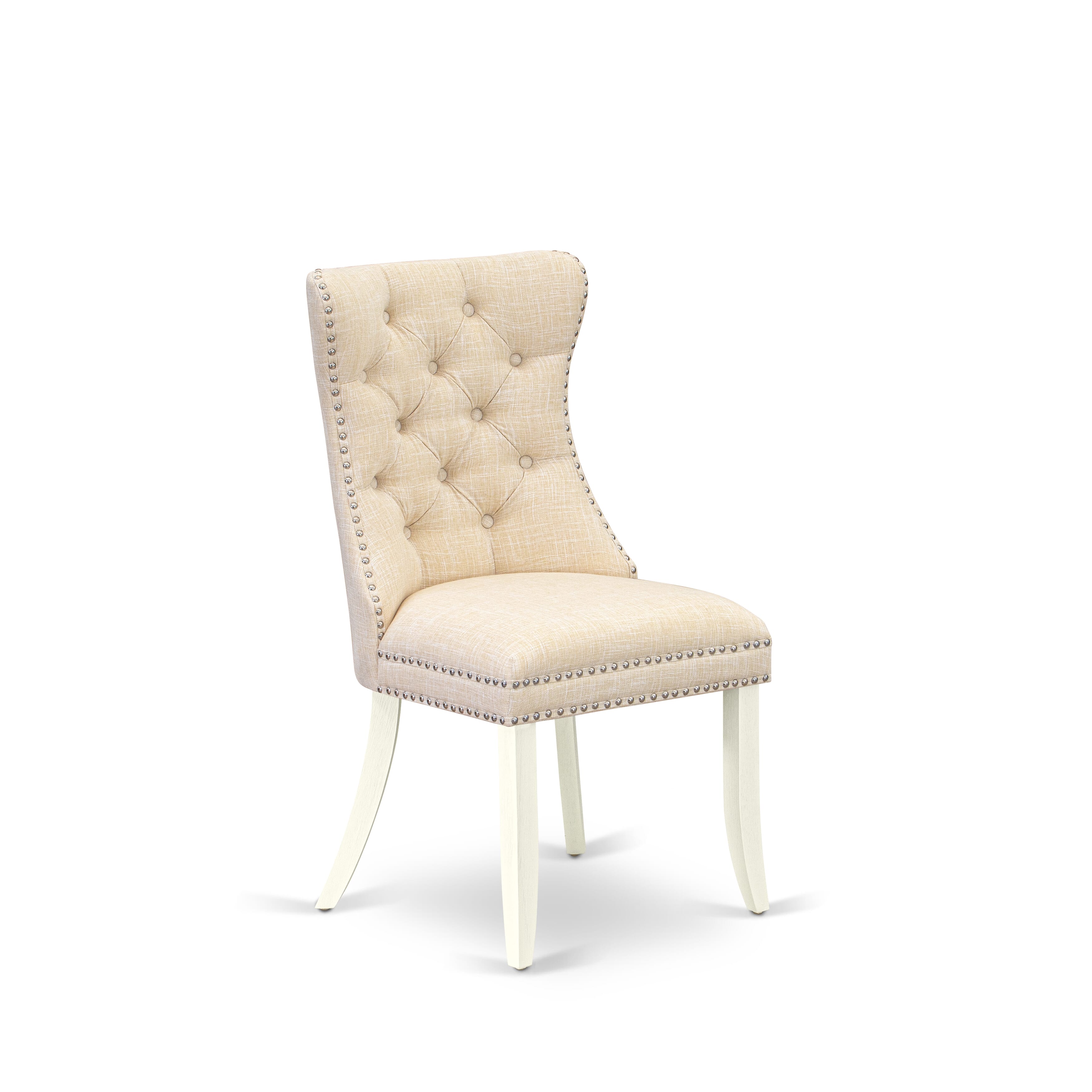 East West Furniture DAPHL32 Dallas Parson Chairs - Button Tufted Nailhead Trim Light Beige Linen Fabric Padded Dining Chairs, Set of 2, Wirebrushed Bright Linen white