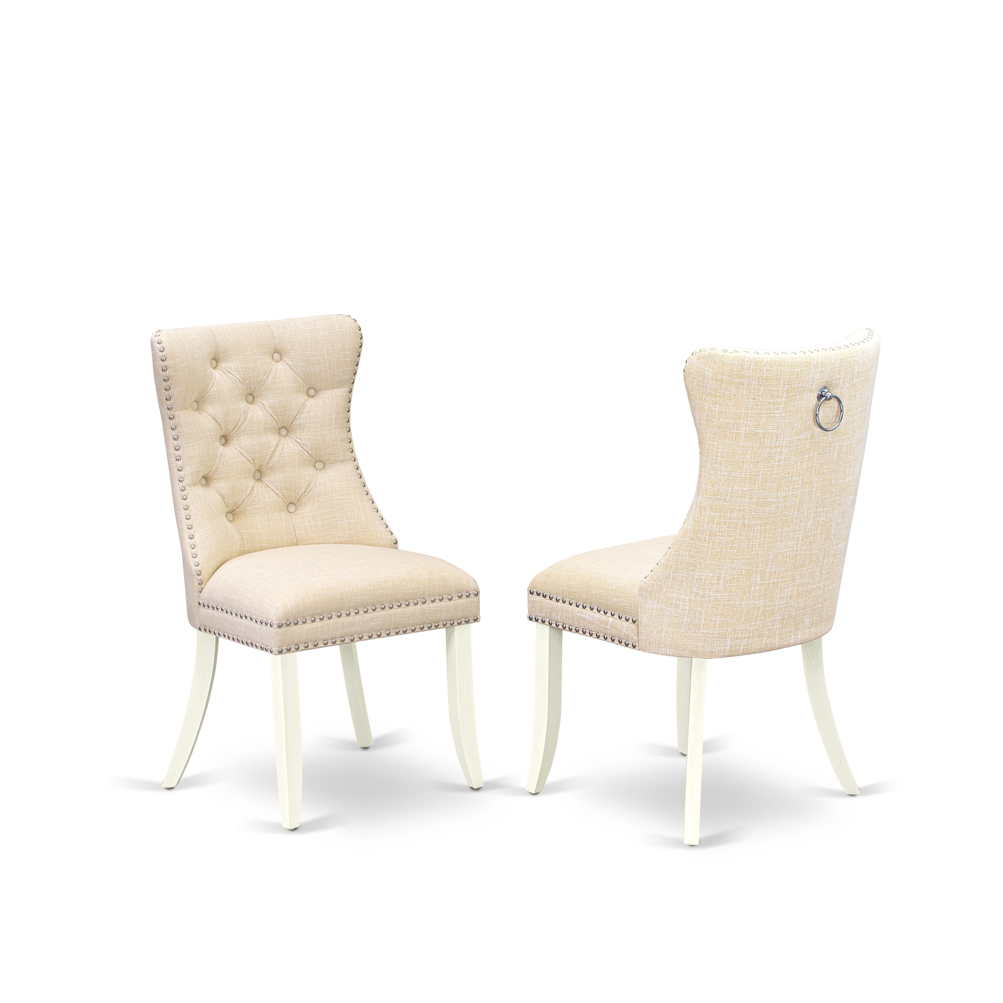 East West Furniture DAPHL32 Dallas Parson Chairs - Button Tufted Nailhead Trim Light Beige Linen Fabric Padded Dining Chairs, Set of 2, Wirebrushed Bright Linen white