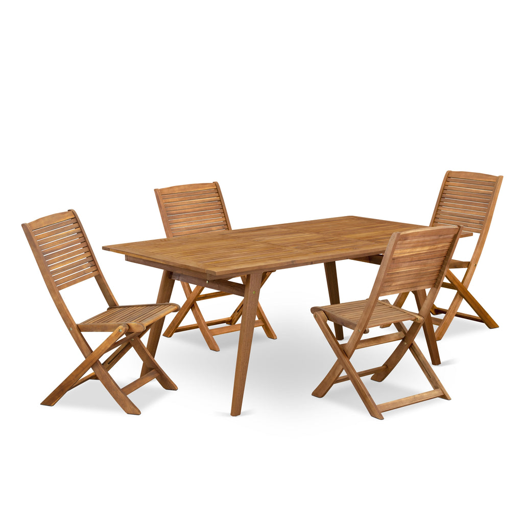 East West Furniture DEFM5CWNA 5 Piece Outdoor Patio Dining Sets Includes a Rectangle Acacia Wood Table and 4 Folding Side Chairs, 40x72 Inch, Natural Oil
