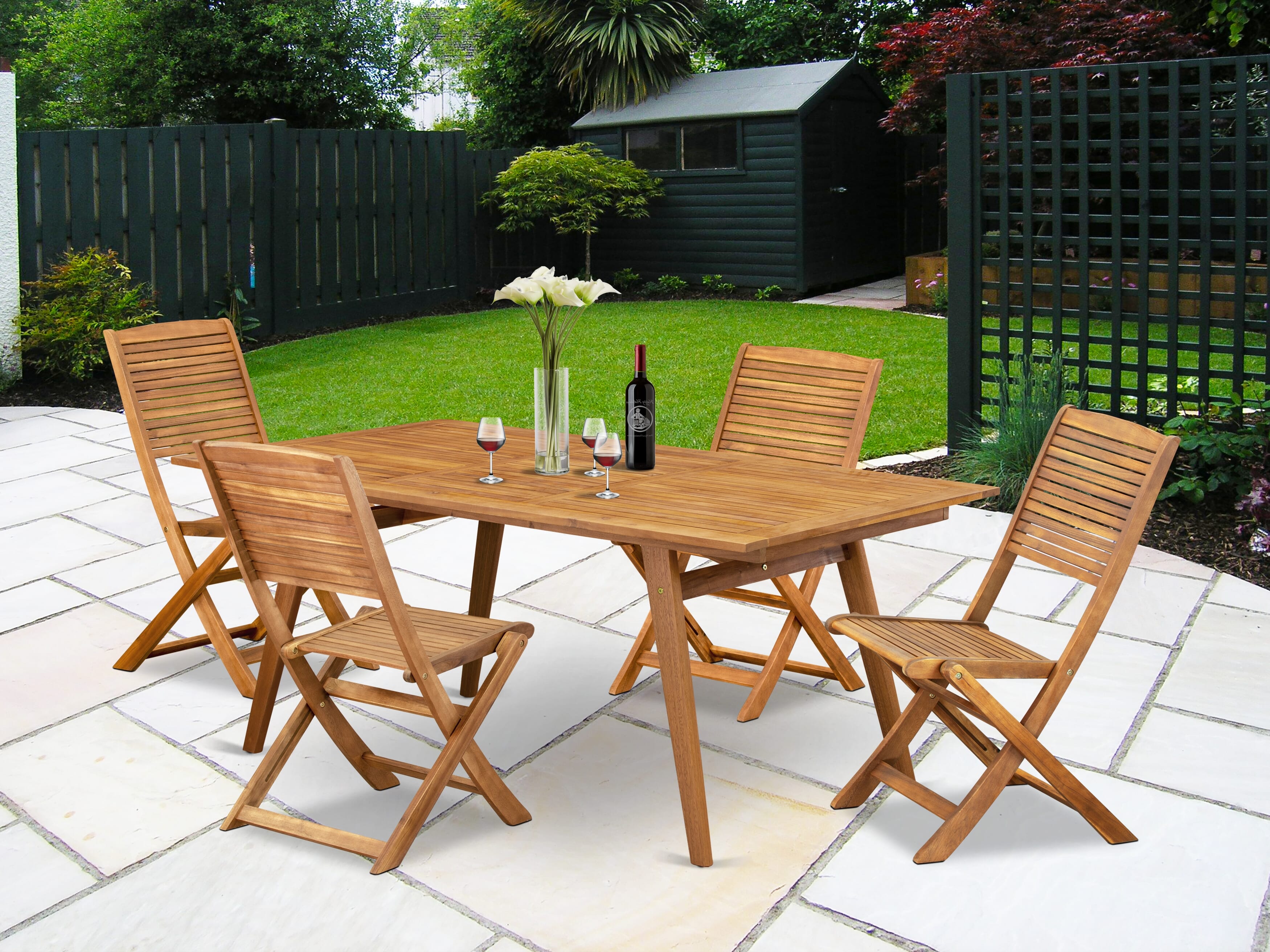 East West Furniture DEFM5CWNA 5 Piece Outdoor Patio Dining SetsIncludes a Rectangle Acacia wood Table and 4 Folding Side Chairs, 40x72 Inch, Natural Oil