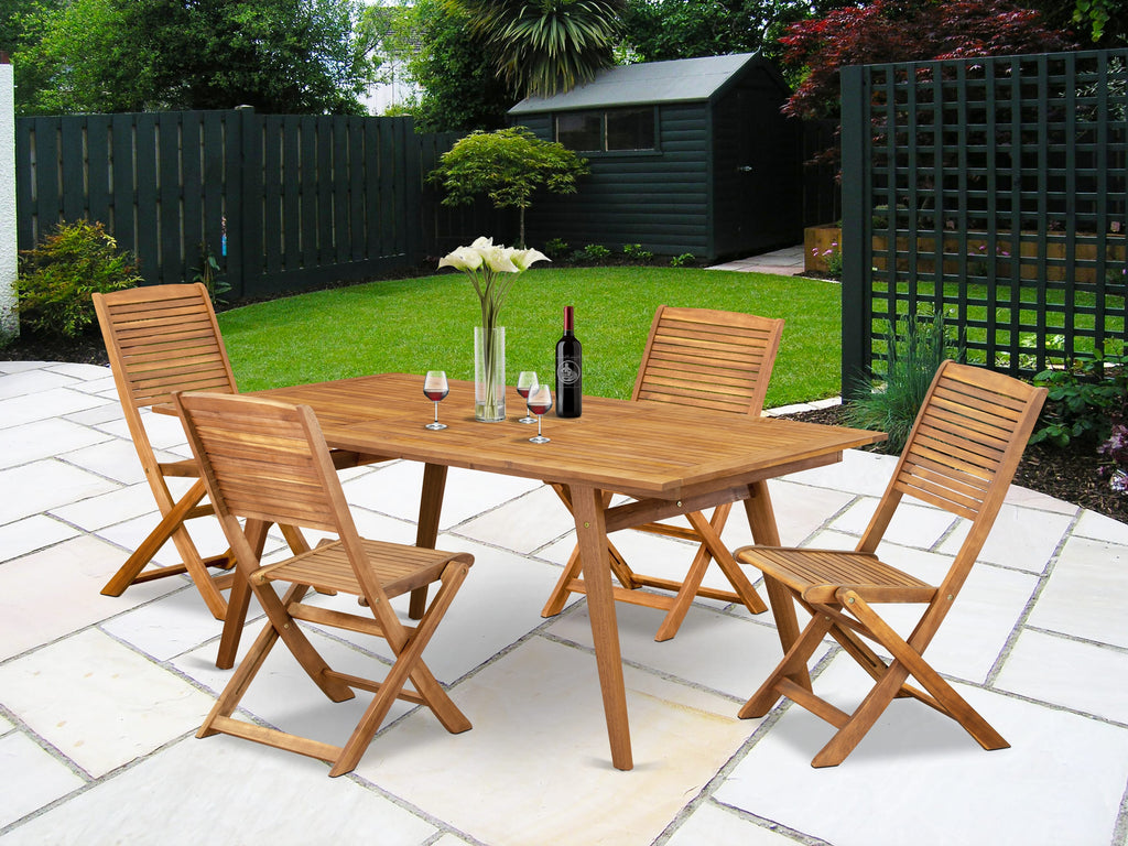 Conjunto de comedor para patio al aire libre de 5 piezas East West Furniture DEFM5CWNA Incluye una mesa rectangular de madera de acacia y 4 sillas laterales plegables