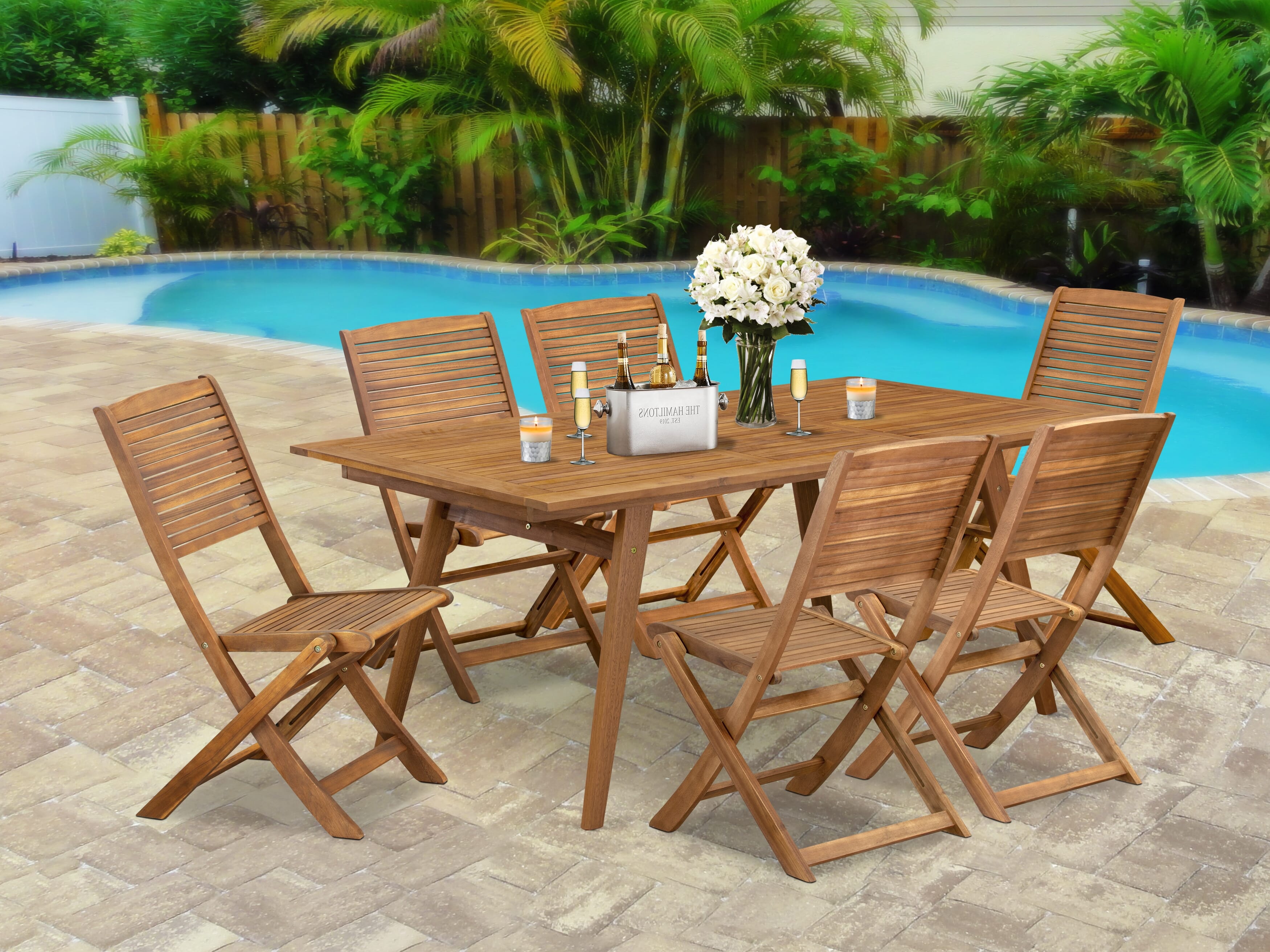 East West Furniture DEFM7CWNA 7 Piece Patio Dining Set Consist of a Rectangle Outdoor Acacia wood Table and 6 Folding Side Chairs, 40x72 Inch, Natural Oil