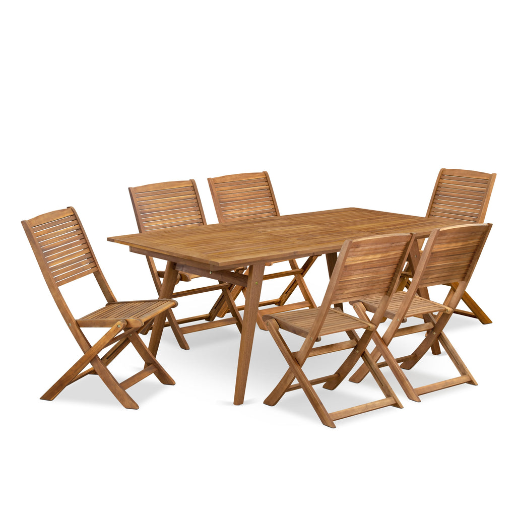 Juego de comedor para patio de 7 piezas East West Furniture DEFM7CWNA compuesto por una mesa rectangular de madera de acacia para exteriores y 6 sillas laterales plegables.