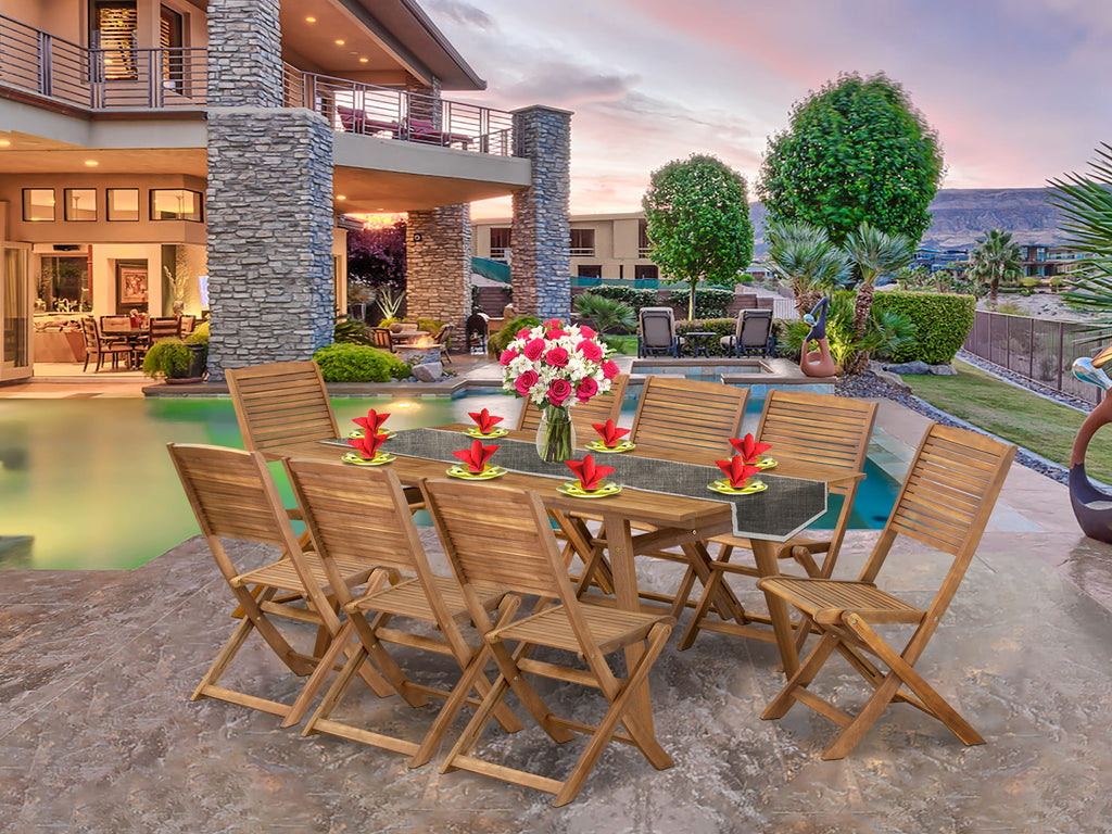 East West Furniture DEFM9CWNA 9 Piece Patio Garden Table Set Includes a Rectangle Outdoor Acacia Wood Dining Table and 8 Folding Side Chairs
