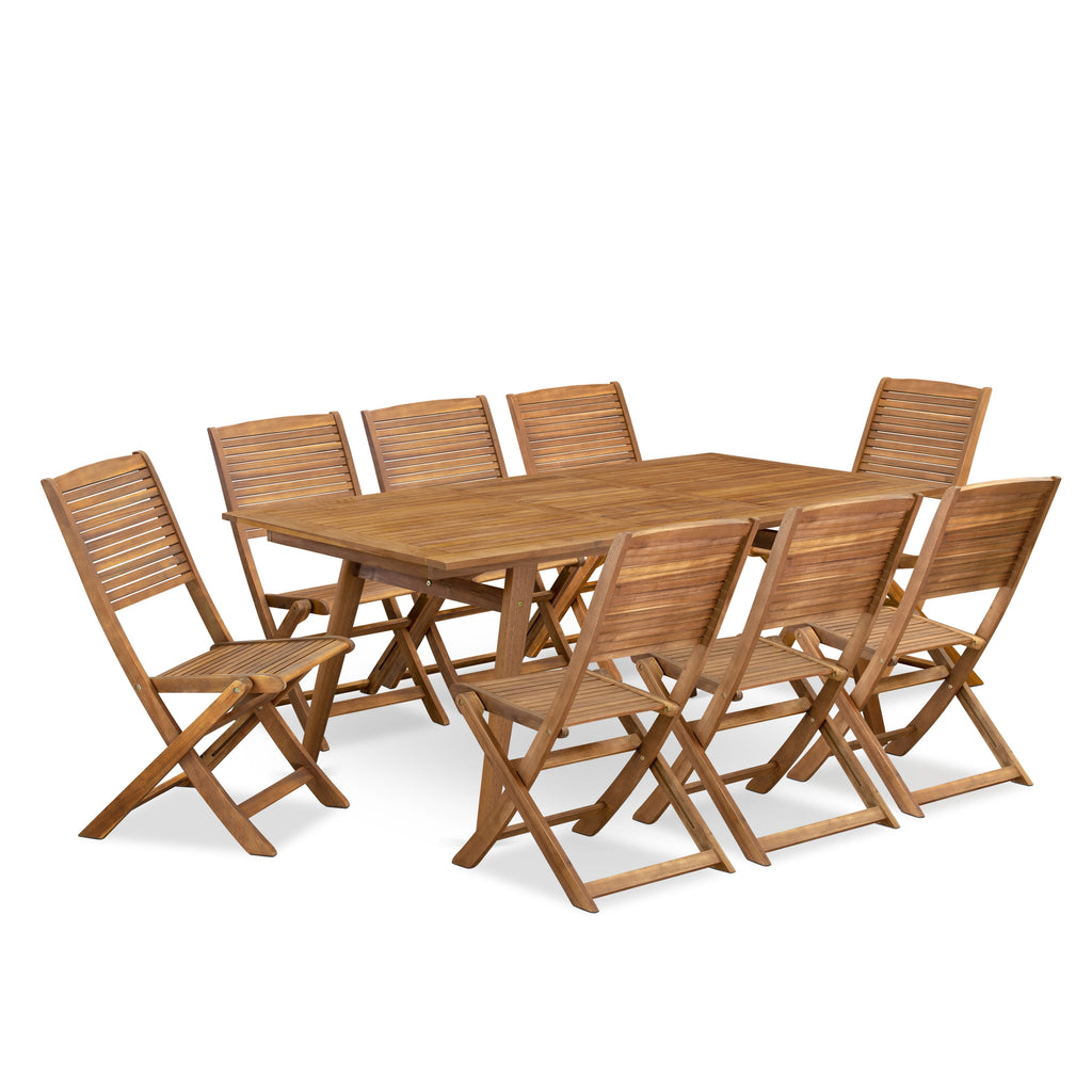 East West Furniture DEFM9CWNA 9 Piece Patio Garden Table Set Includes a Rectangle Outdoor Acacia Wood Dining Table and 8 Folding Side Chairs