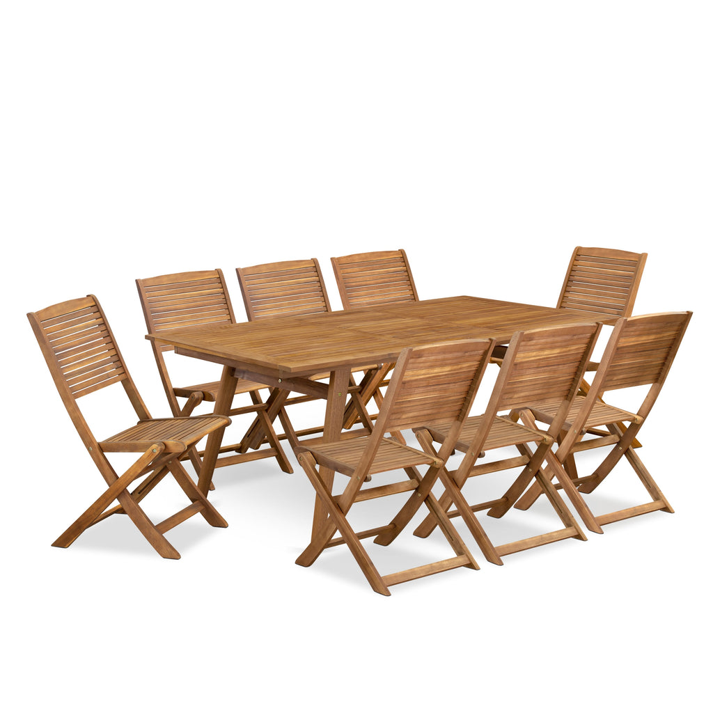 East West Furniture DEFM9CWNA 9 Piece Patio Garden Table Set Includes a Rectangle Outdoor Acacia Wood Dining Table and 8 Folding Side Chairs, 40x72 Inch, Natural Oil