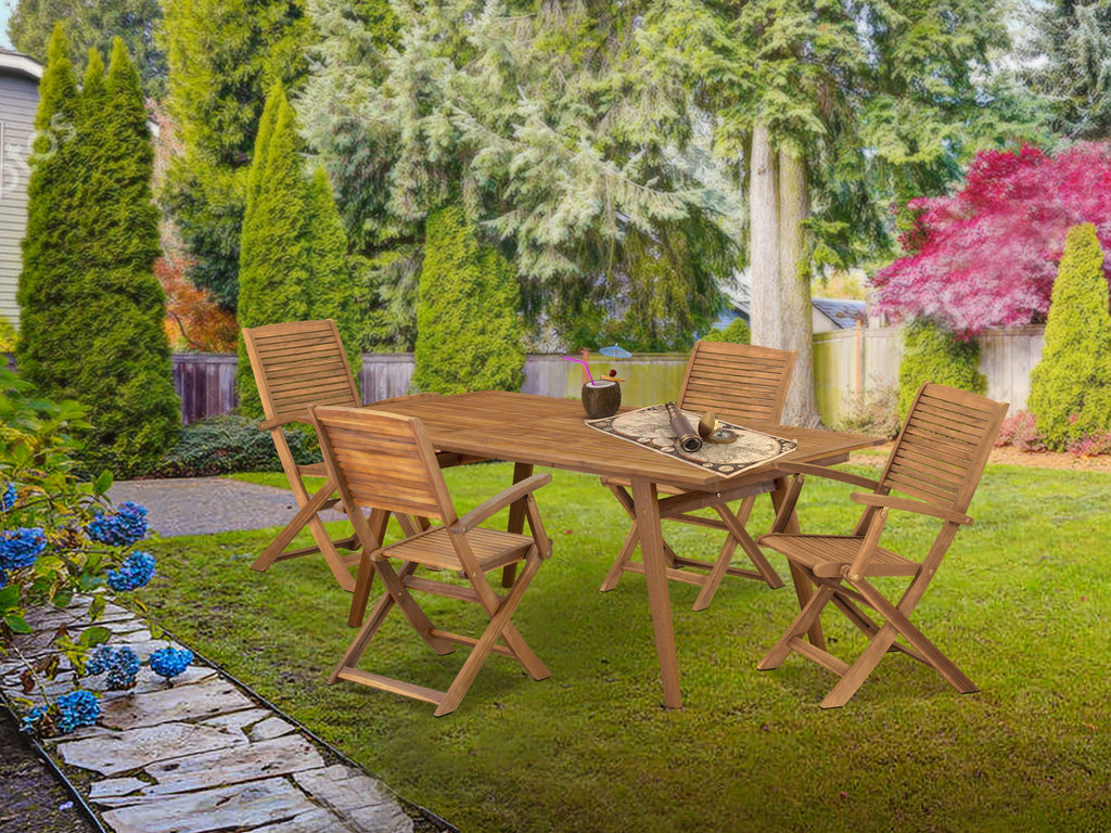 East West Furniture DEHD5CANA 5 Piece Patio Garden Table Set Includes a Rectangle Outdoor Acacia Wood Dining Table and 4 Folding Arm Chairs
