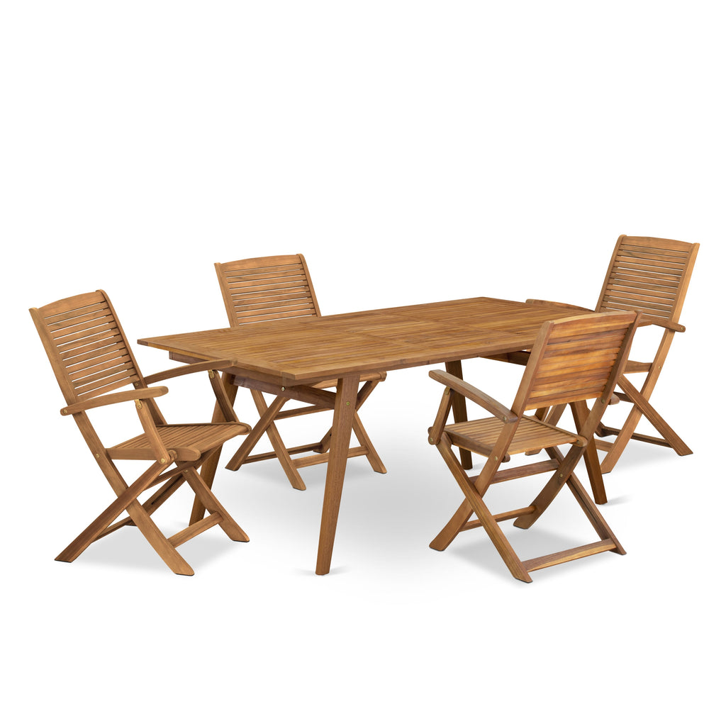 East West Furniture DEHD5CANA 5 Piece Patio Garden Table Set Includes a Rectangle Outdoor Acacia Wood Dining Table and 4 Folding Arm Chairs, 40x72 Inch, Natural Oil