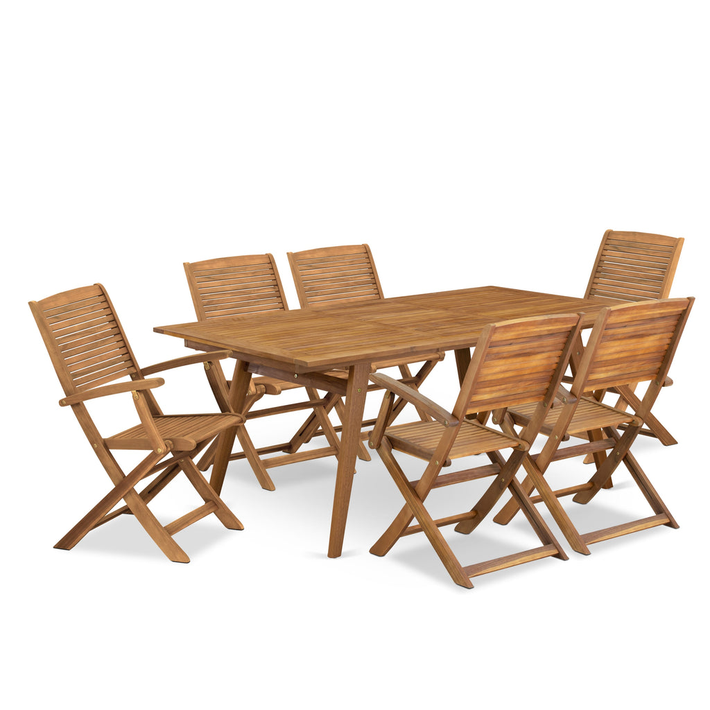 East West Furniture DEHD7CANA 7 Piece Patio Dining Set Includes a Rectangle Outdoor Acacia Wood Table and 6 Folding Arm Chairs, 40x72 Inch, Natural Oil