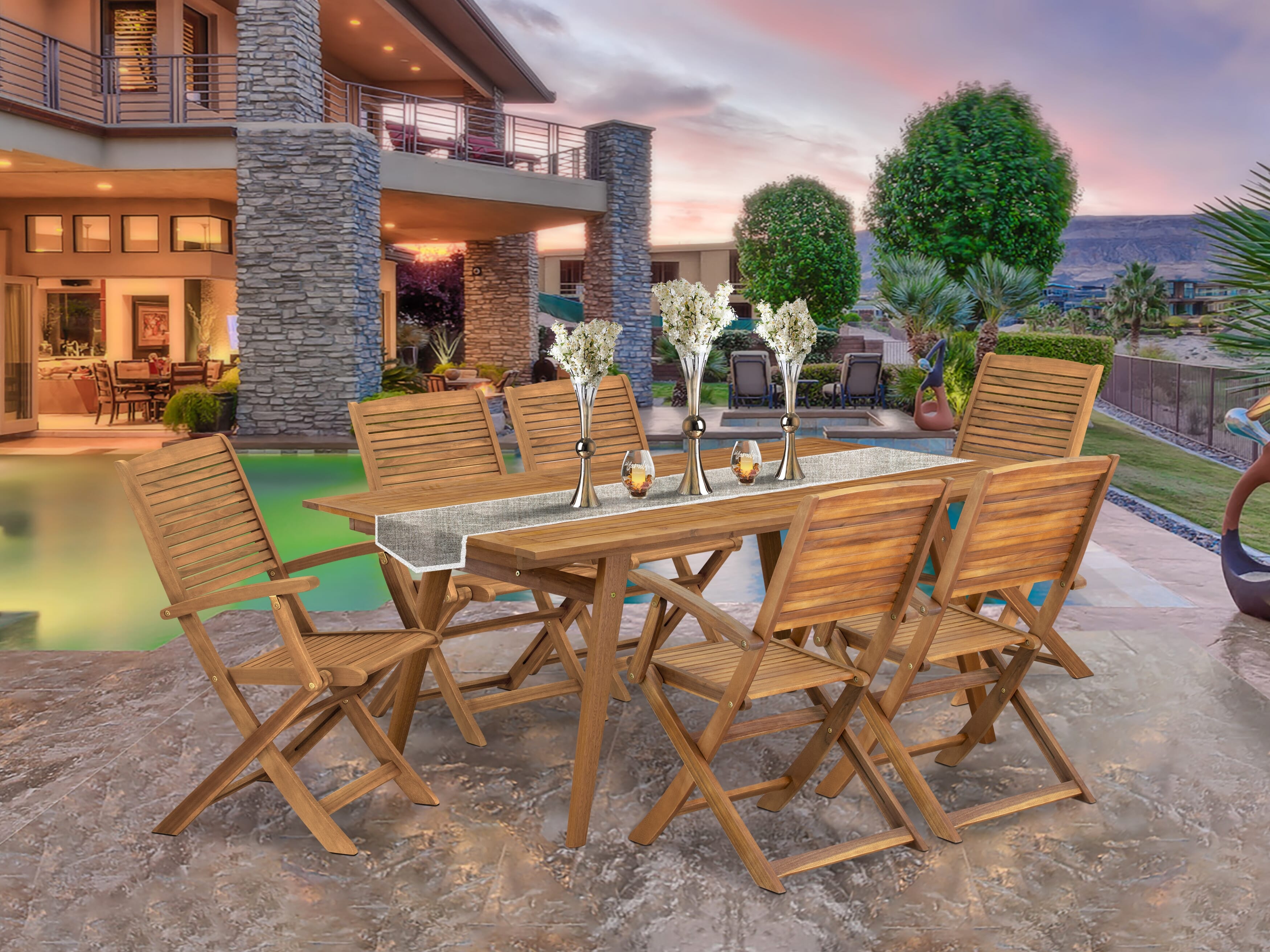 Juego de comedor para patio de 7 piezas East West Furniture DEHD7CANA Incluye una mesa rectangular de madera de acacia para exteriores y 6 sillas plegables