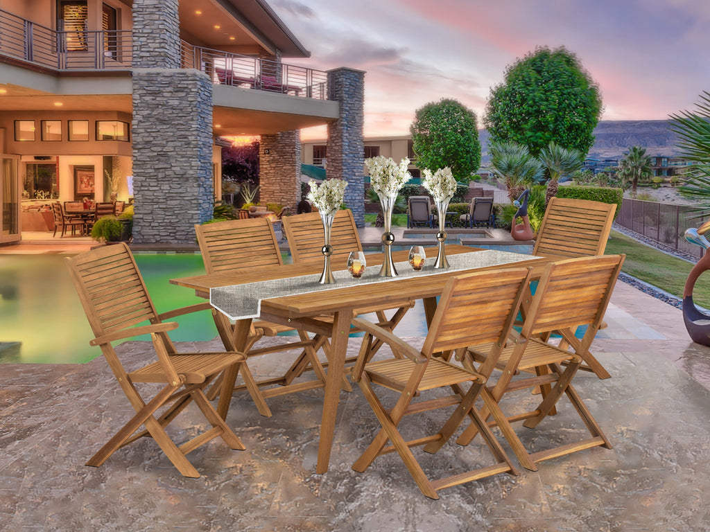 East West Furniture DEHD7CANA 7 Piece Patio Dining Set Includes a Rectangle Outdoor Acacia Wood Table and 6 Folding Arm Chairs