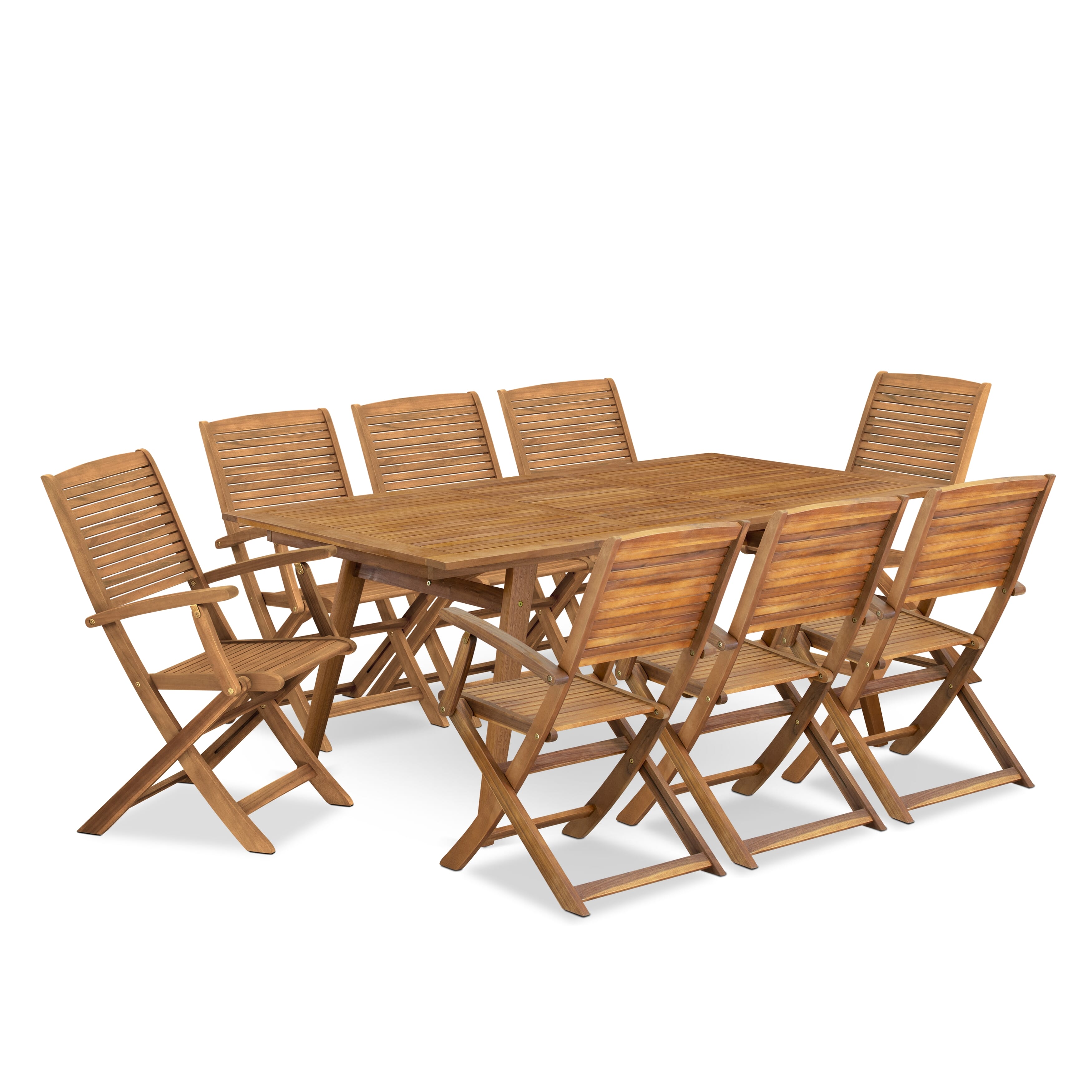 Juego de comedor para patio al aire libre de 9 piezas DEHD9CANA de East West Furniture. Contiene una mesa rectangular de madera de acacia y 8 sillas plegables.