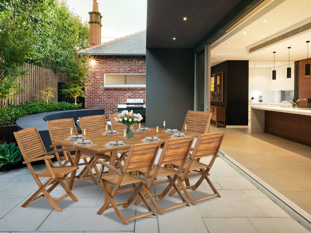 East West Furniture DEHD9CANA 9 Piece Outdoor Patio Dining Sets Contains a Rectangle Acacia Wood Table and 8 Folding Arm Chairs