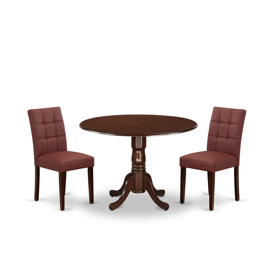 East West Furniture DLAS3-MAH-26 3 Piece Mid Century Modern Dining Table Set contain A Wooden Kitchen Table and 2 Burgundy Faux Leather Mid Century Modern Dining Chairs