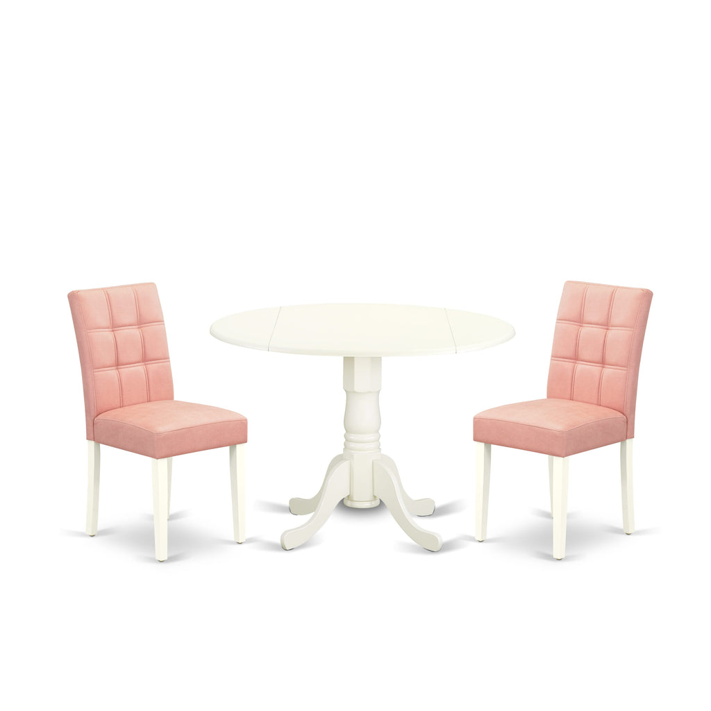 East West Furniture DLAS3-WHI-42 3 Piece Dining Table Set consists A Dinner Table and 2 Beige Red Faux Leather Parson Kitchen Chairs with Stylish Back- Linen White Finish