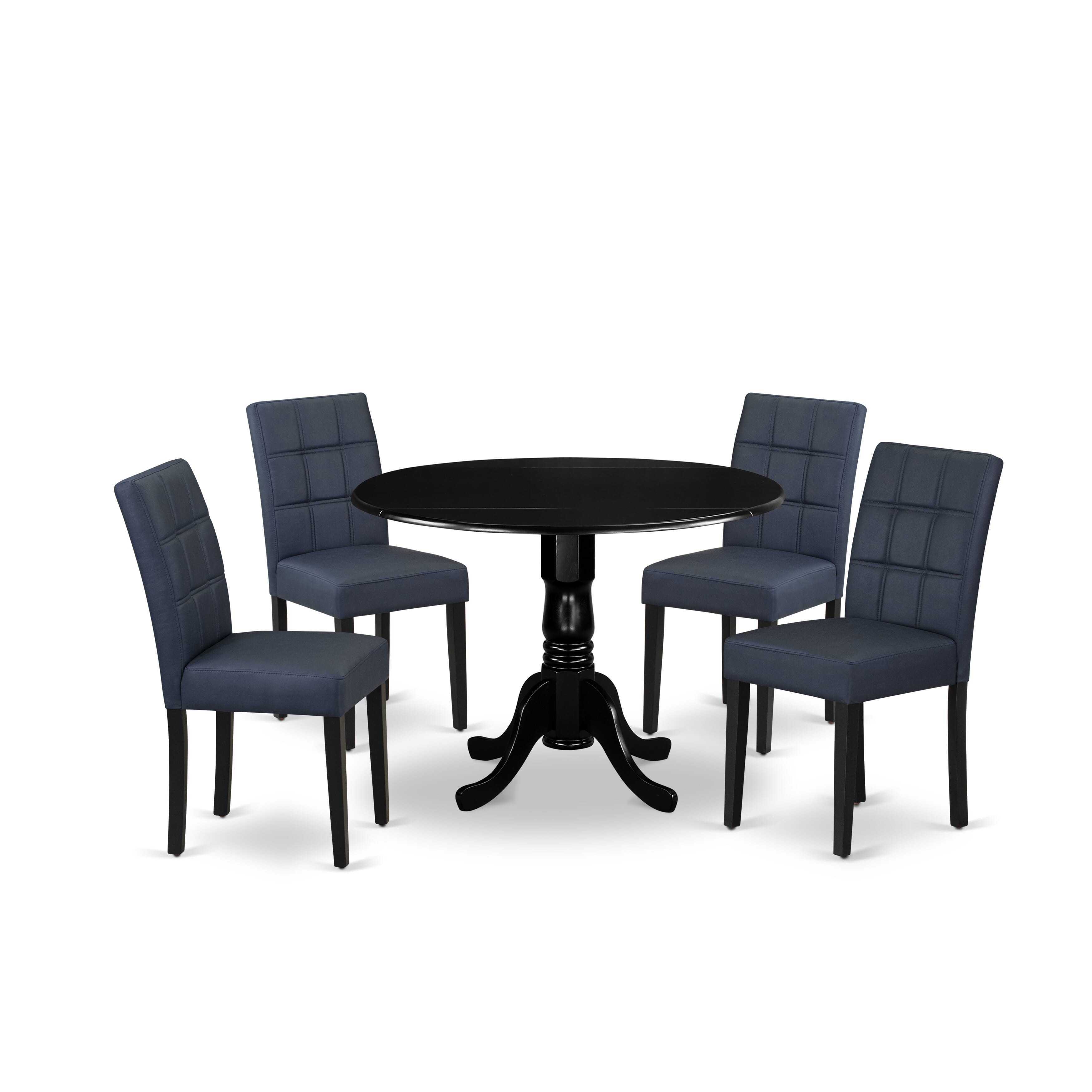 East West Furniture DLAS5-BLK-09 5 Piece Kitchen Table Set contain A Dining Table and 4 Dark Navy Blue Faux Leather Upholstered Dining Chairs with Stylish Back- Black Finish