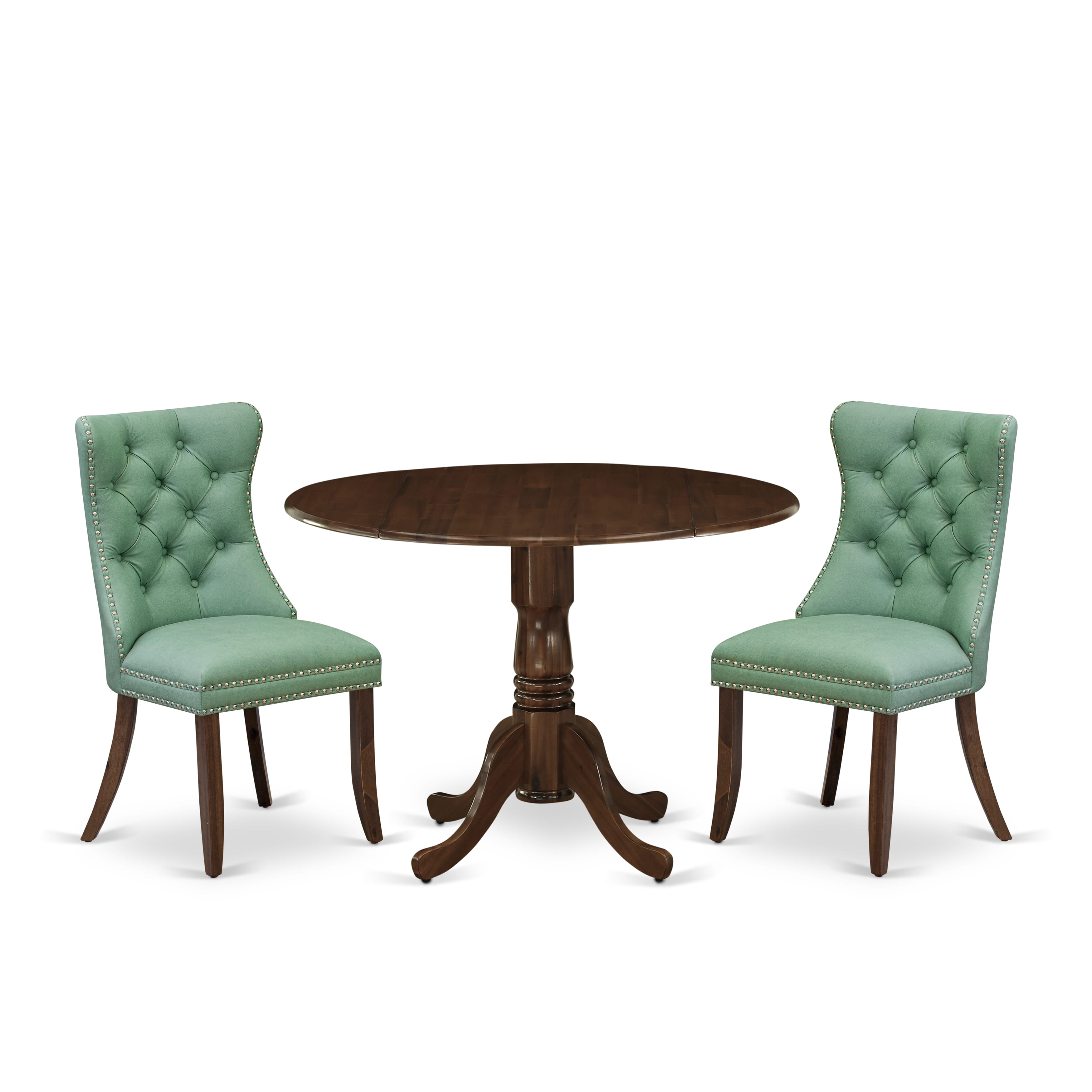 East West Furniture DLDA3-AWA-22 3 Piece Kitchen Table Set Contains a Round Dining Table with Dropleaf and 2 Upholstered Parson Chairs, 42x42 Inch, Antique Walnut
