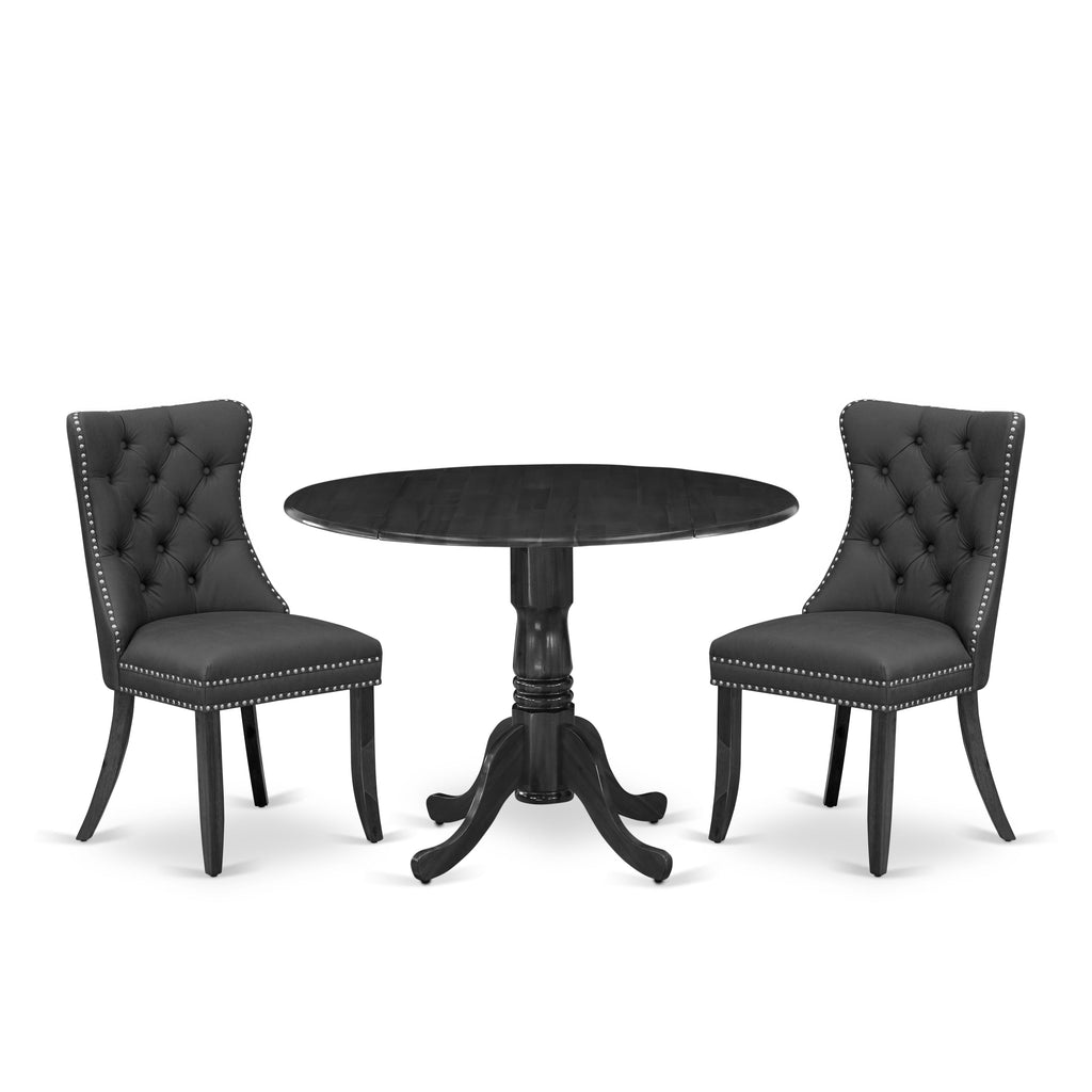 East West Furniture DLDA3-AWA-26 3 Piece Dining Table Set Contains a Round Kitchen Table with Dropleaf and 2 Upholstered Parson Chairs, 42x42 Inch, Antique Walnut