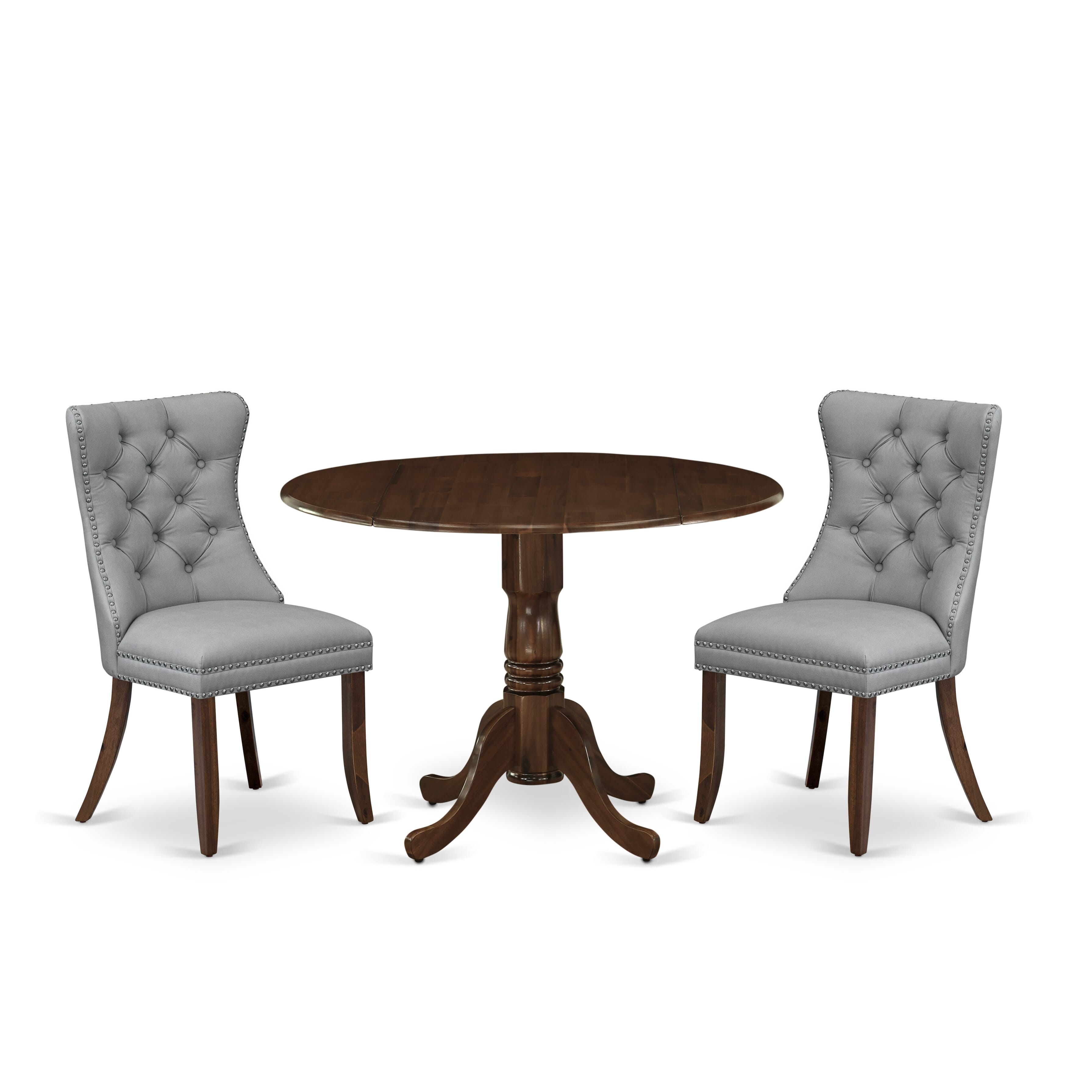East West Furniture DLDA3-AWA-27 3 Piece Dining Table Set Contains a Round Kitchen Table with Dropleaf and 2 Upholstered Parson Chairs, 42x42 Inch, Antique Walnut