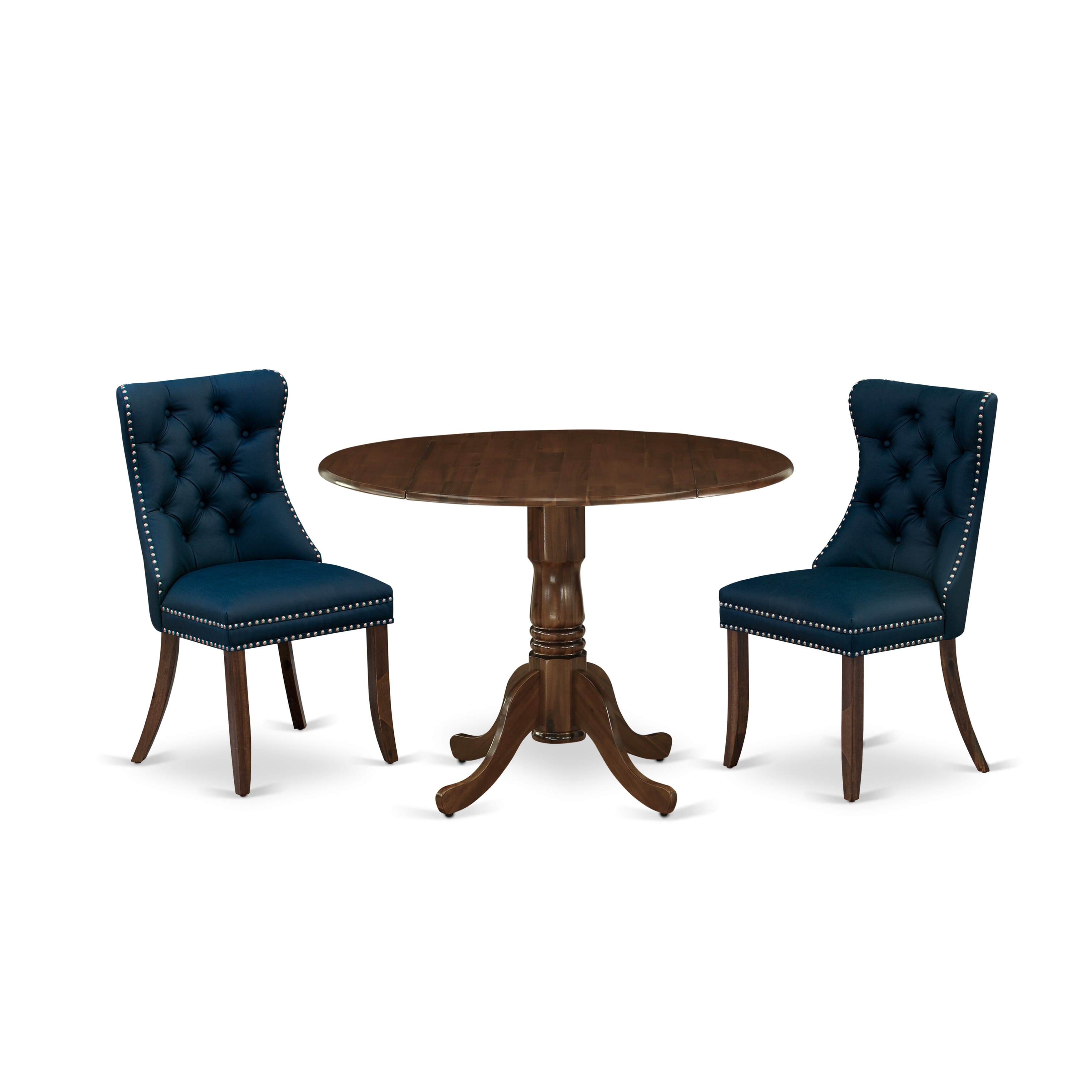 East West Furniture DLDA3-AWA-29 3 Piece Dining Set Consists of a Round Kitchen Table with Dropleaf and 2 Padded Chairs, 42x42 Inch, Antique Walnut