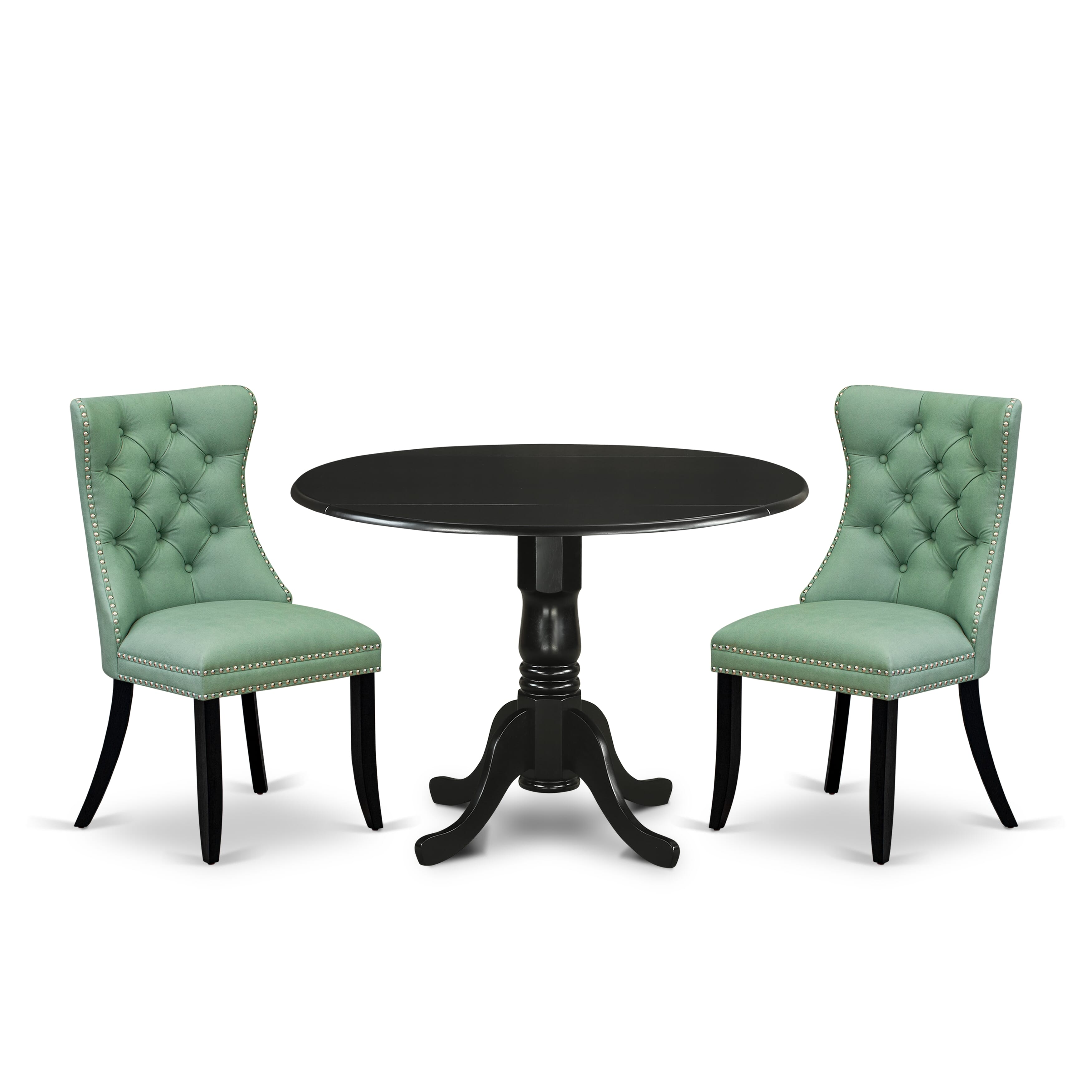 East West Furniture DLDA3-BLK-22 3 Piece Kitchen Table Set Consists of a Round Dining Table with Dropleaf and 2 Upholstered Chairs, 42x42 Inch, Black