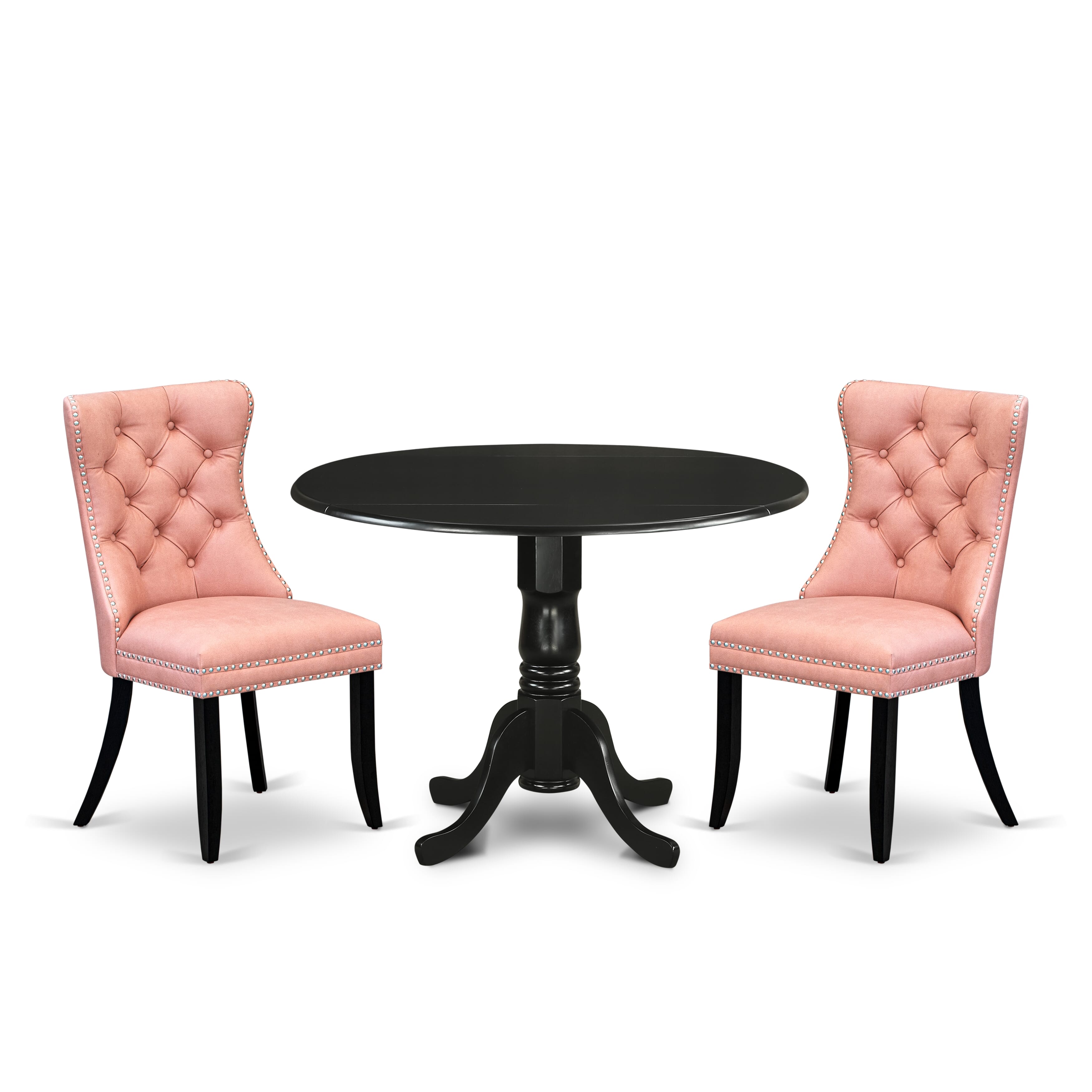 East West Furniture DLDA3-BLK-23 3 Piece Kitchen Table & Chairs Set Includes a Round Dining Table with Dropleaf and 2 Upholstered Chairs, 42x42 Inch, Black